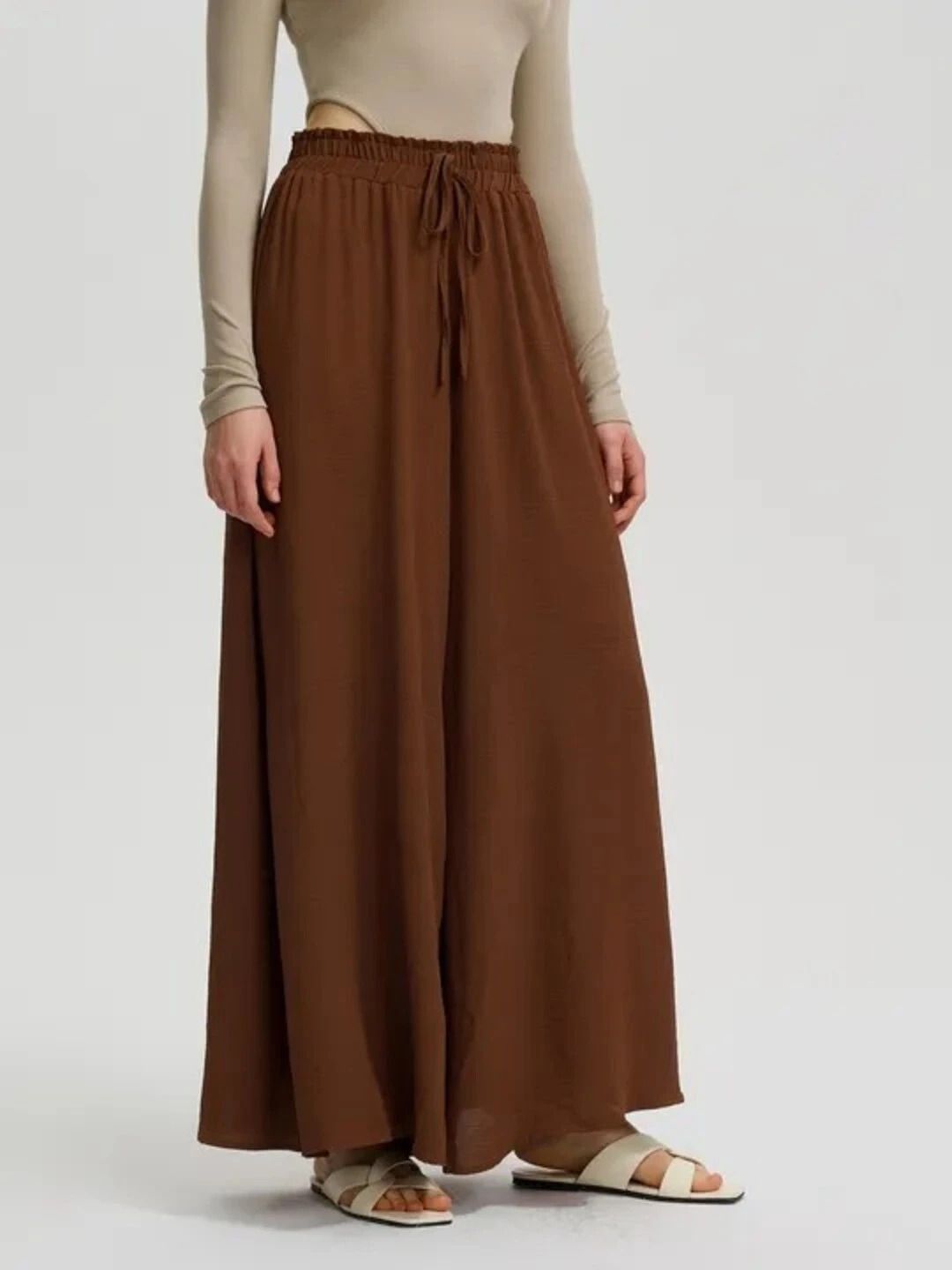 Women Loose Fit Brown Viscose Rayon Trousers