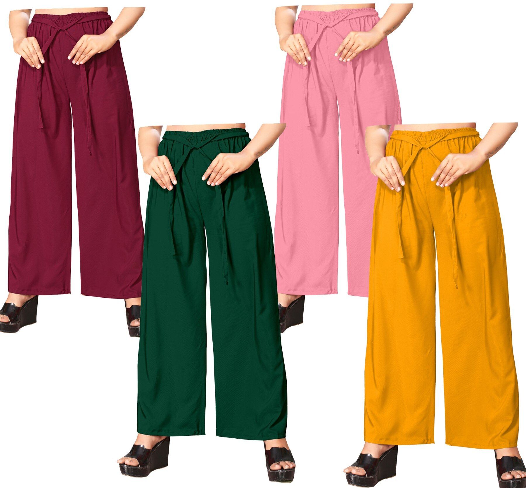 Pack of 4 Women Loose Fit Multicolor Crepe Trousers-image-19