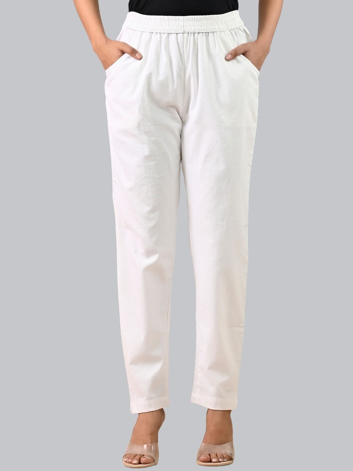 Women Regular Fit White Cotton Blend Trousers-image-46