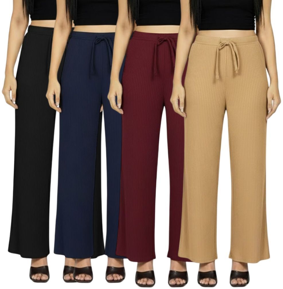 Pack of 4 Women Relaxed Multicolor Cotton Blend Trousers-image-48