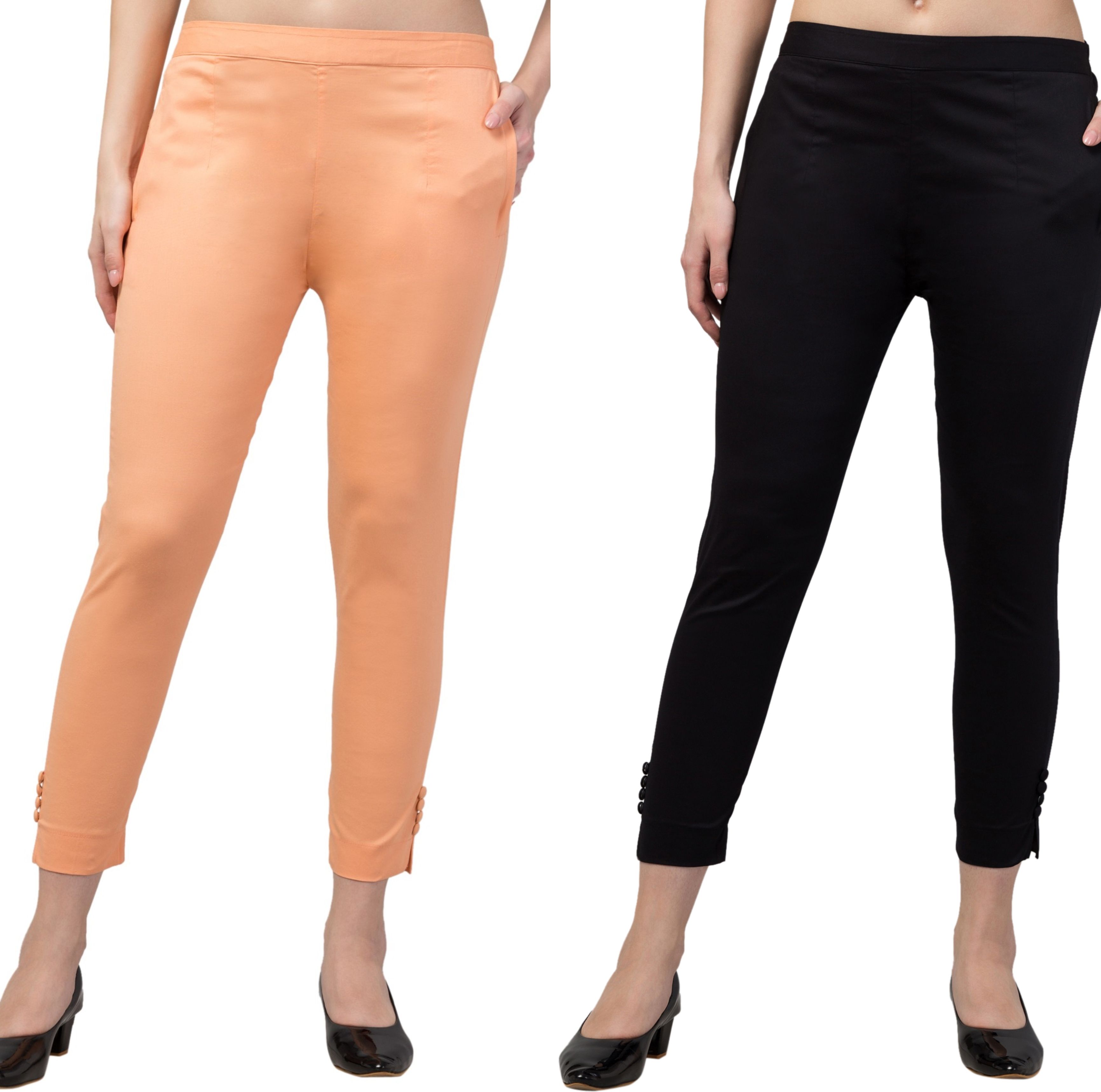 Pack of 2 Women Regular Fit Orange, Black Cotton Blend Trousers-image-12