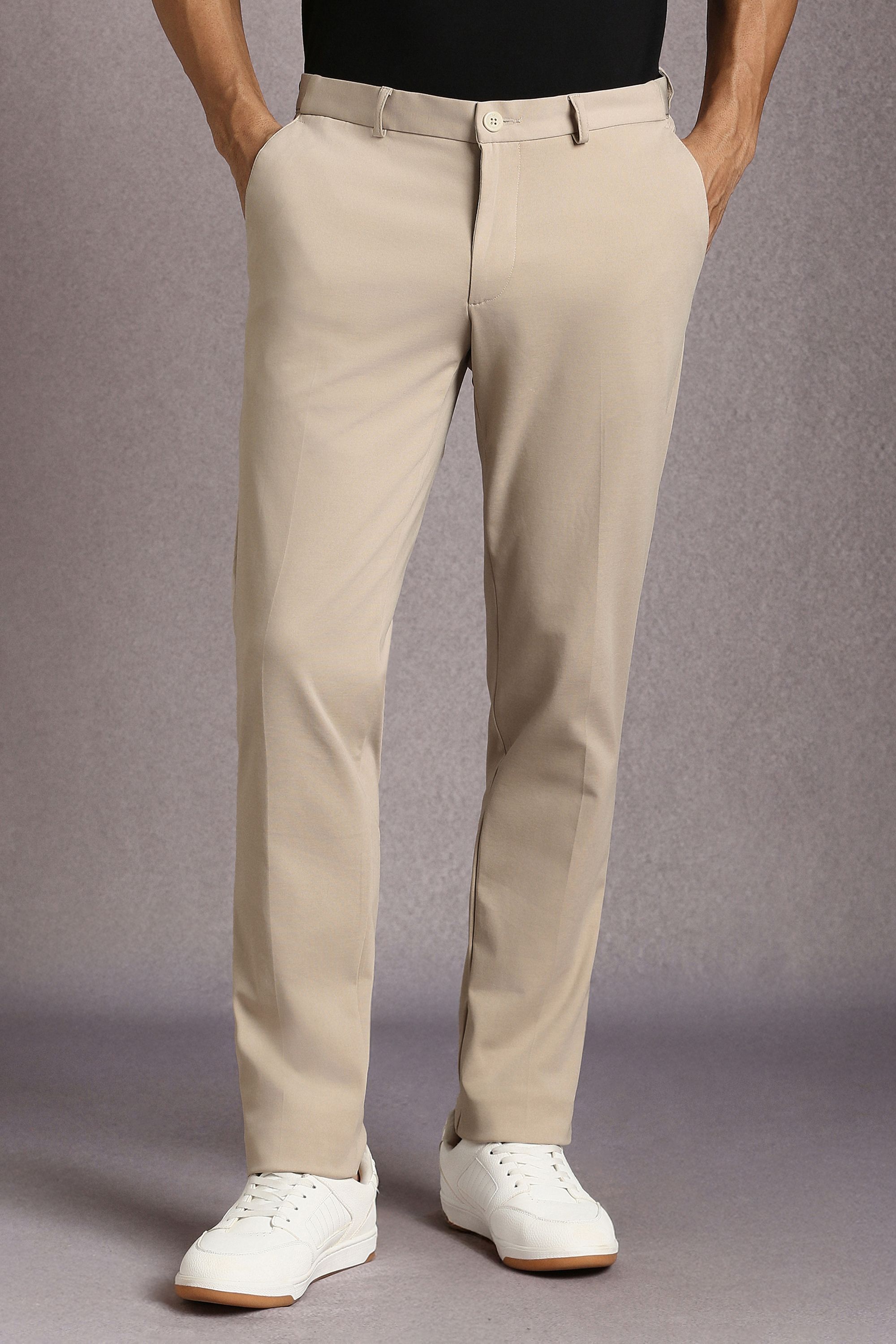 louis philippe sport Men Slim Fit Cream Cotton Blend Trousers-picture-11