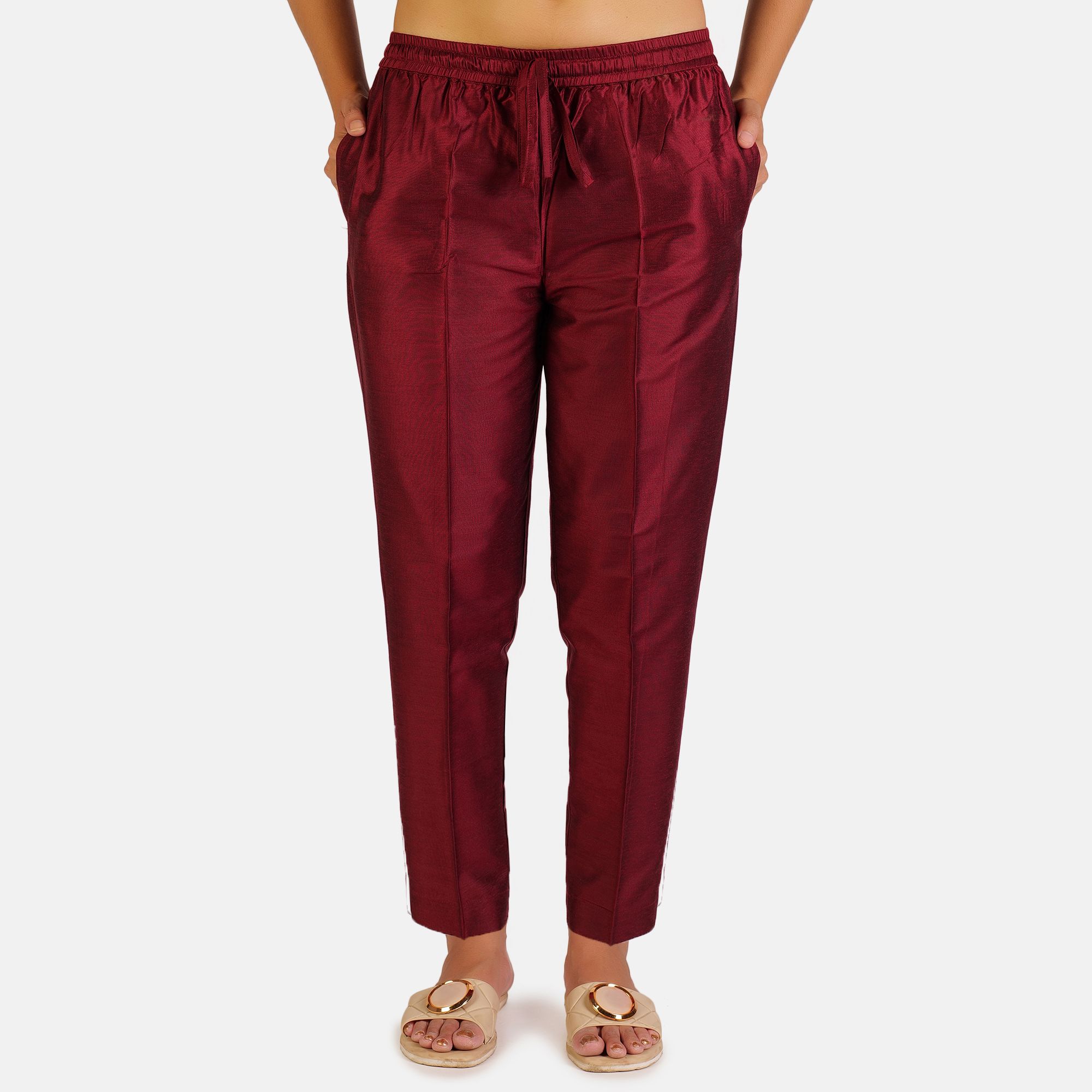 Women Regular Fit Maroon Polyester Trousers
