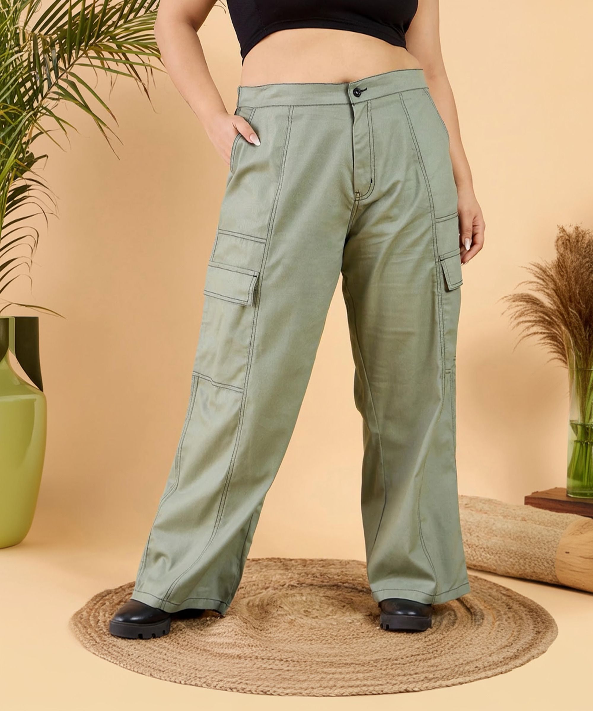 curvy street Women Loose Fit Green Pure Cotton Trousers-picture-21