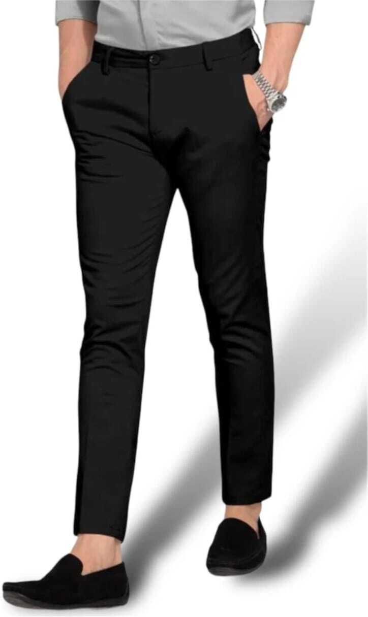 Men Slim Fit Black Lycra Blend Trousers-image-25