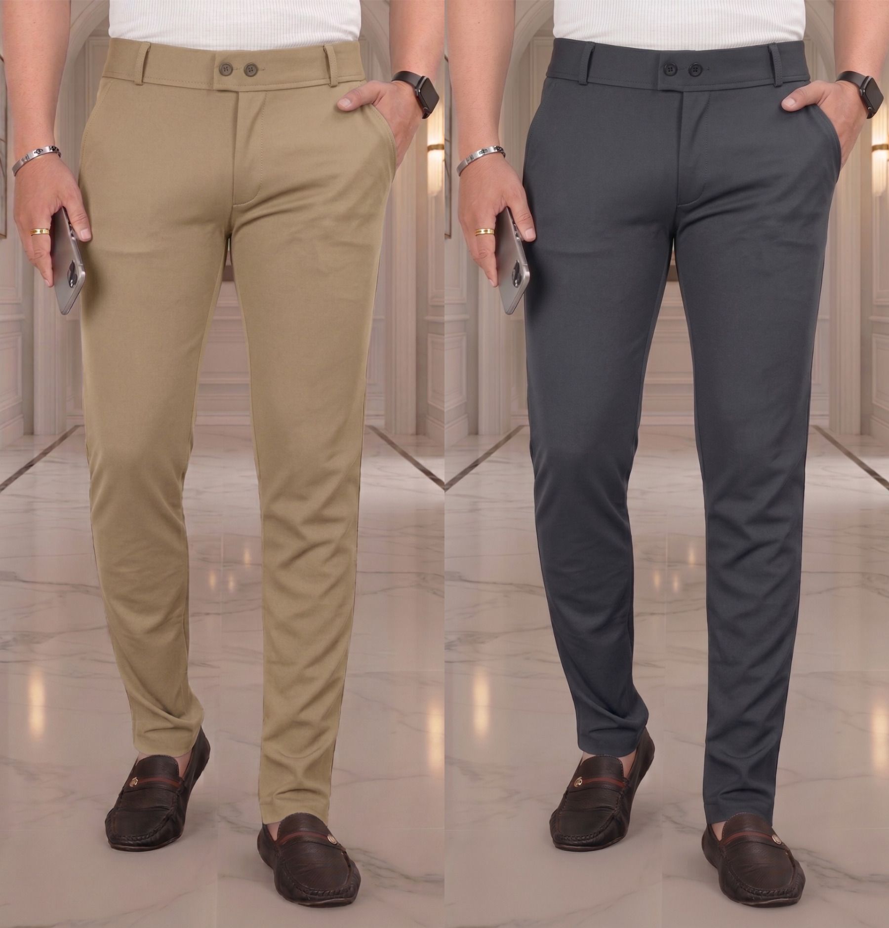 fabaura Men Slim Fit Khaki, Grey Lycra Blend Trousers-picture-37