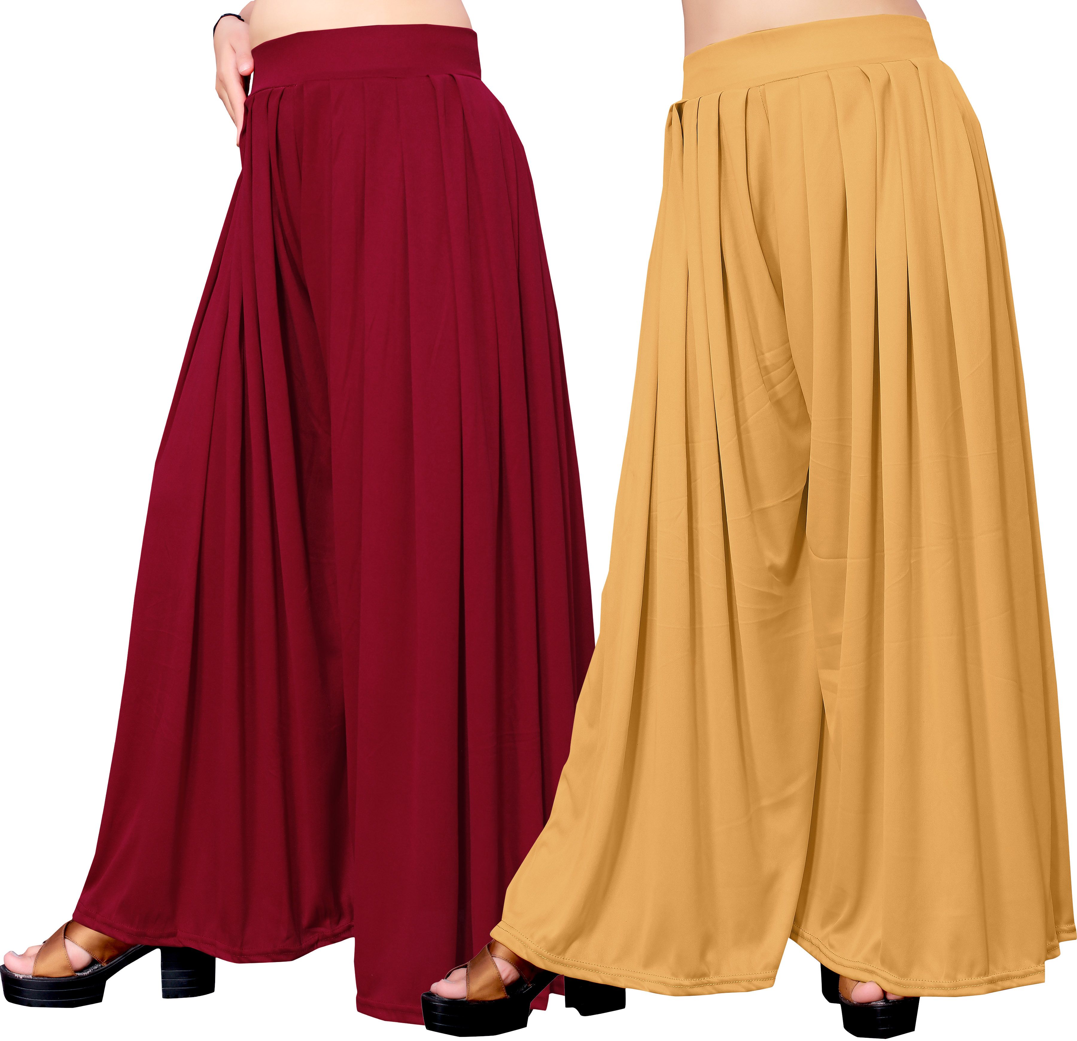 Pack of 2 Women Flared Red, Beige Lycra Blend Trousers-image-11