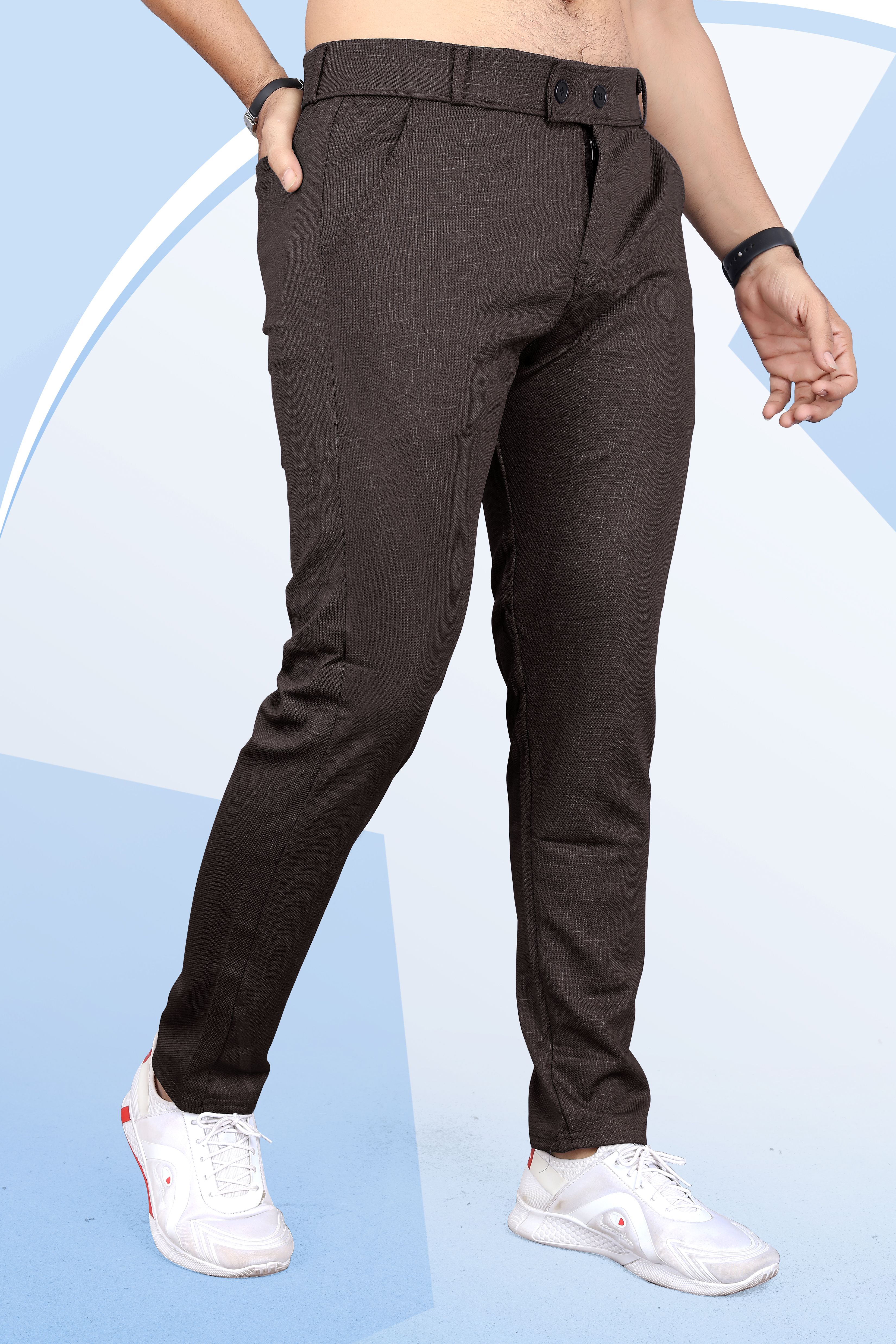 Men Slim Fit Brown Linen Blend Trousers