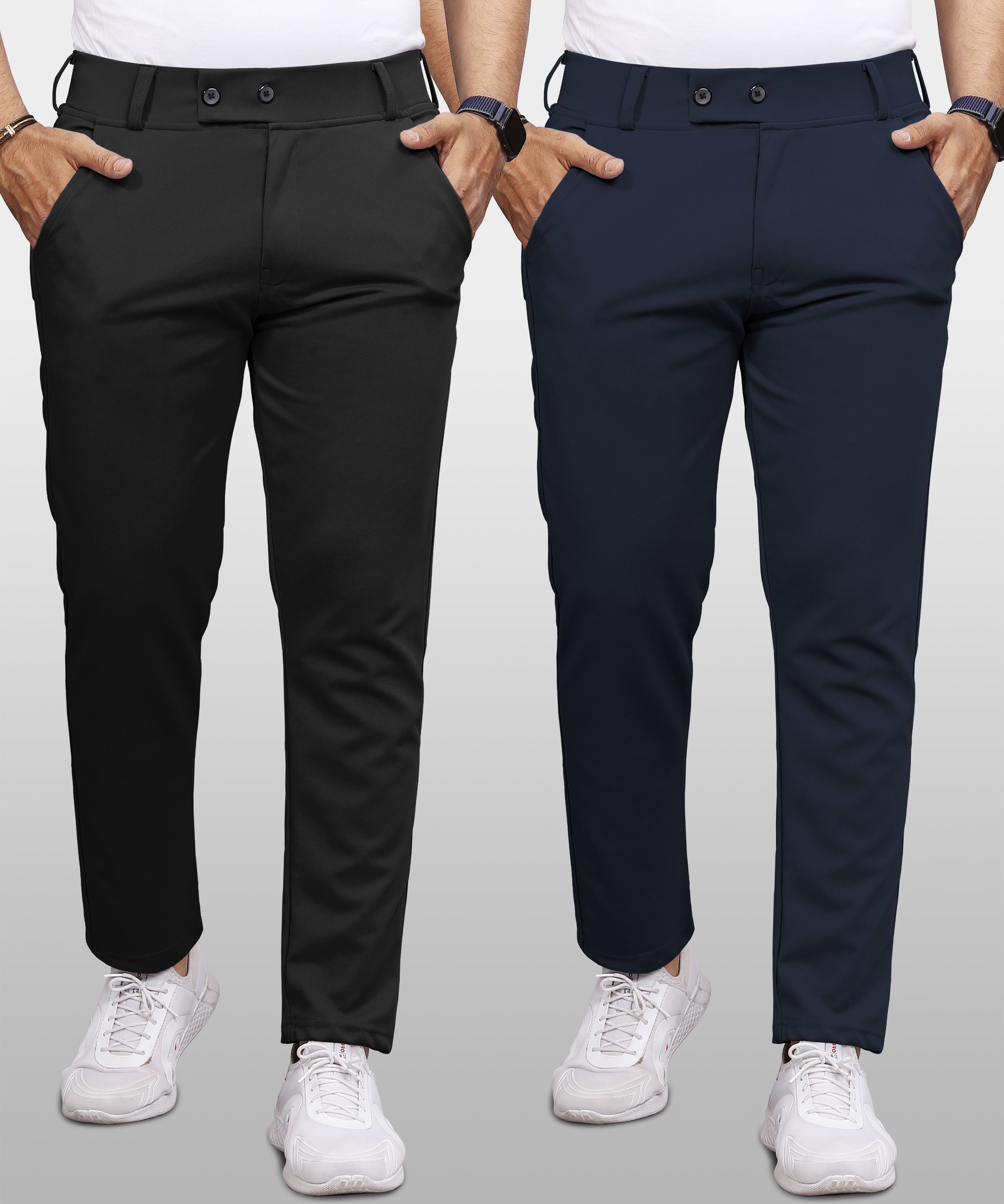 vebnor Pack of 2 Men Regular Fit Black, Blue Lycra Blend Trousers-picture-38
