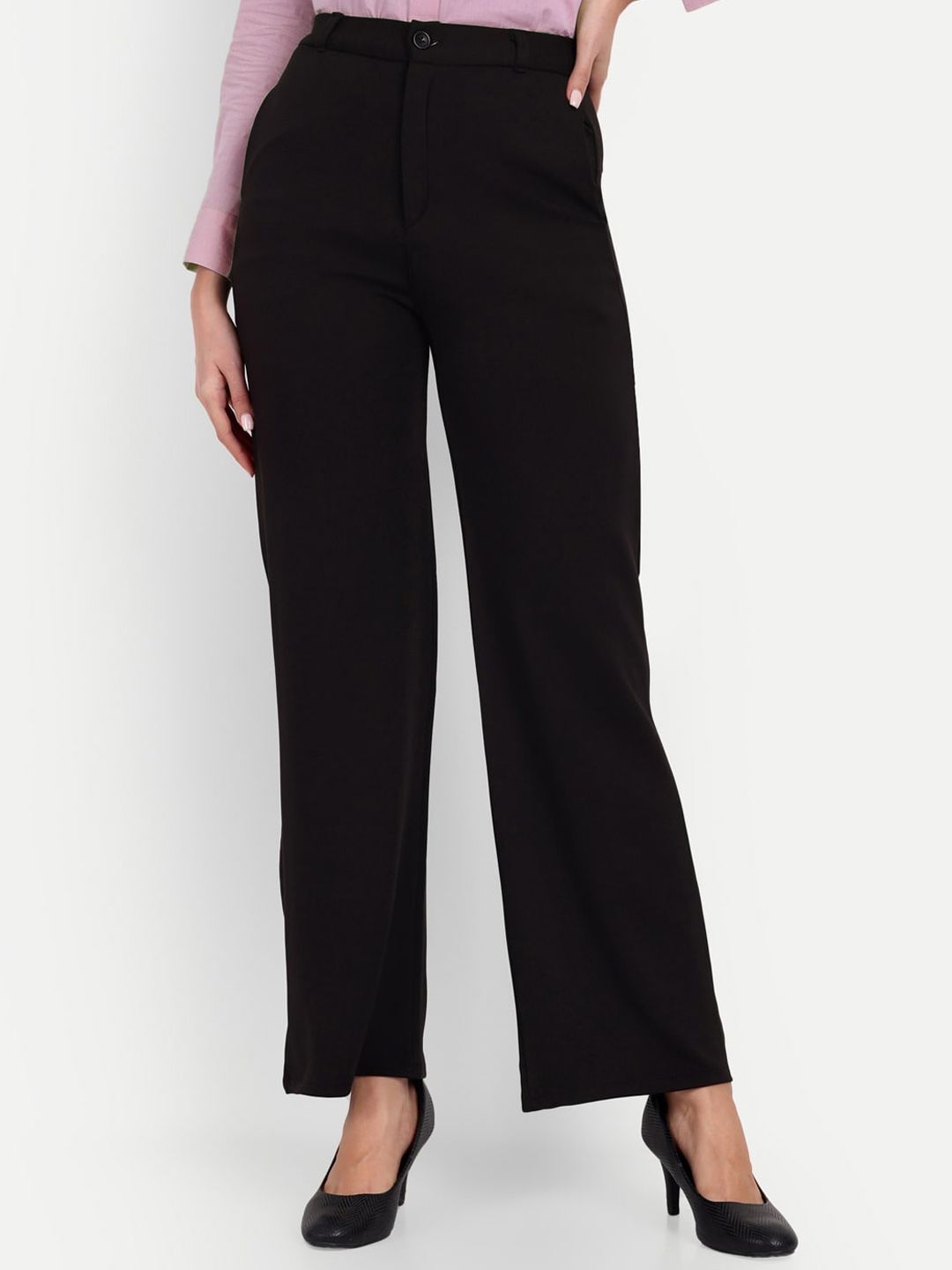 Women Loose Fit Black Lycra Blend Trousers-image-49