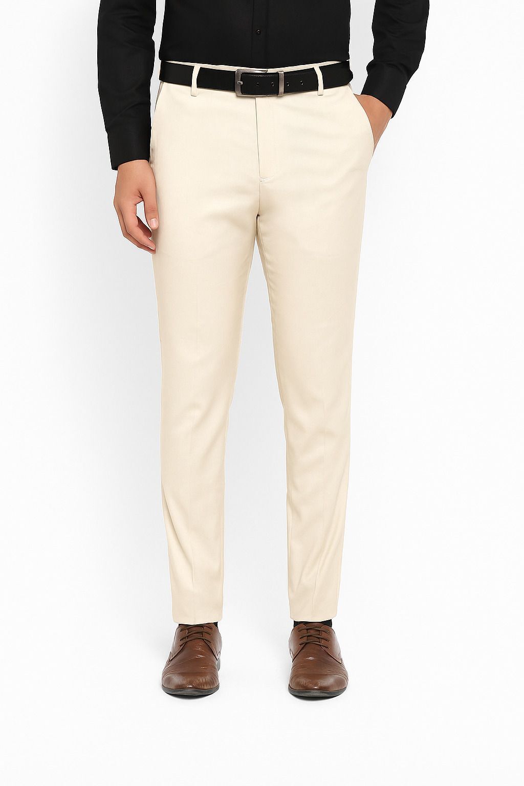 Men Slim Fit Cream Cotton Blend Trousers-image-20