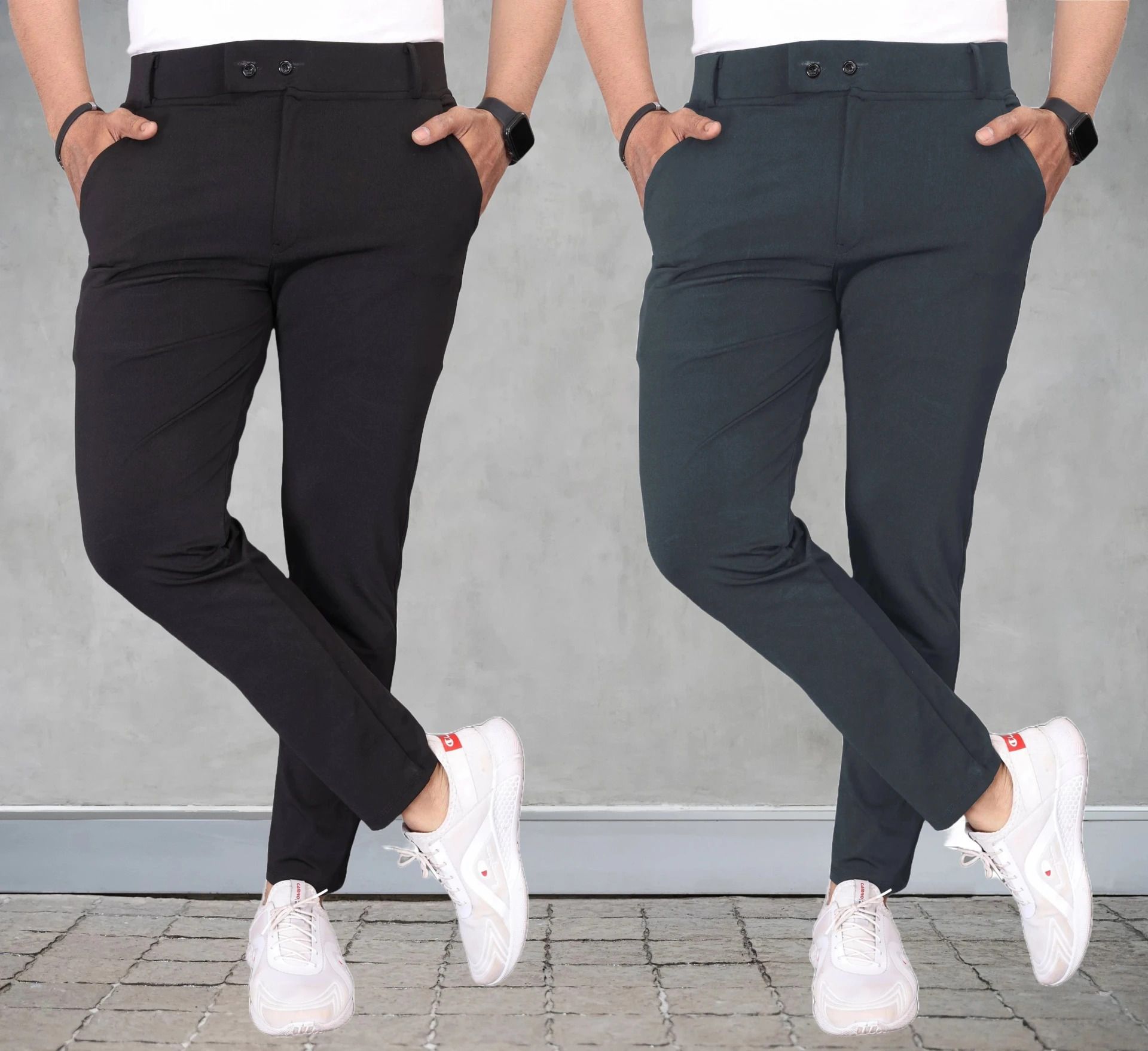 Pack of 2 Men Slim Fit Black, Grey Lycra Blend Trousers