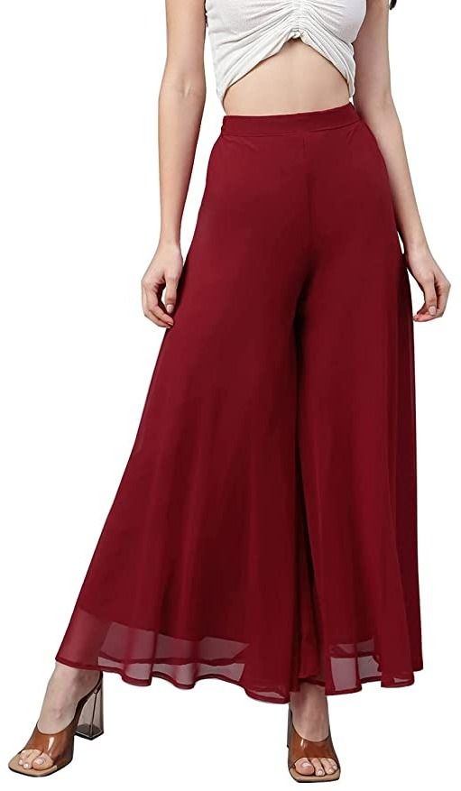 Women Relaxed Maroon Georgette Trousers-image-21