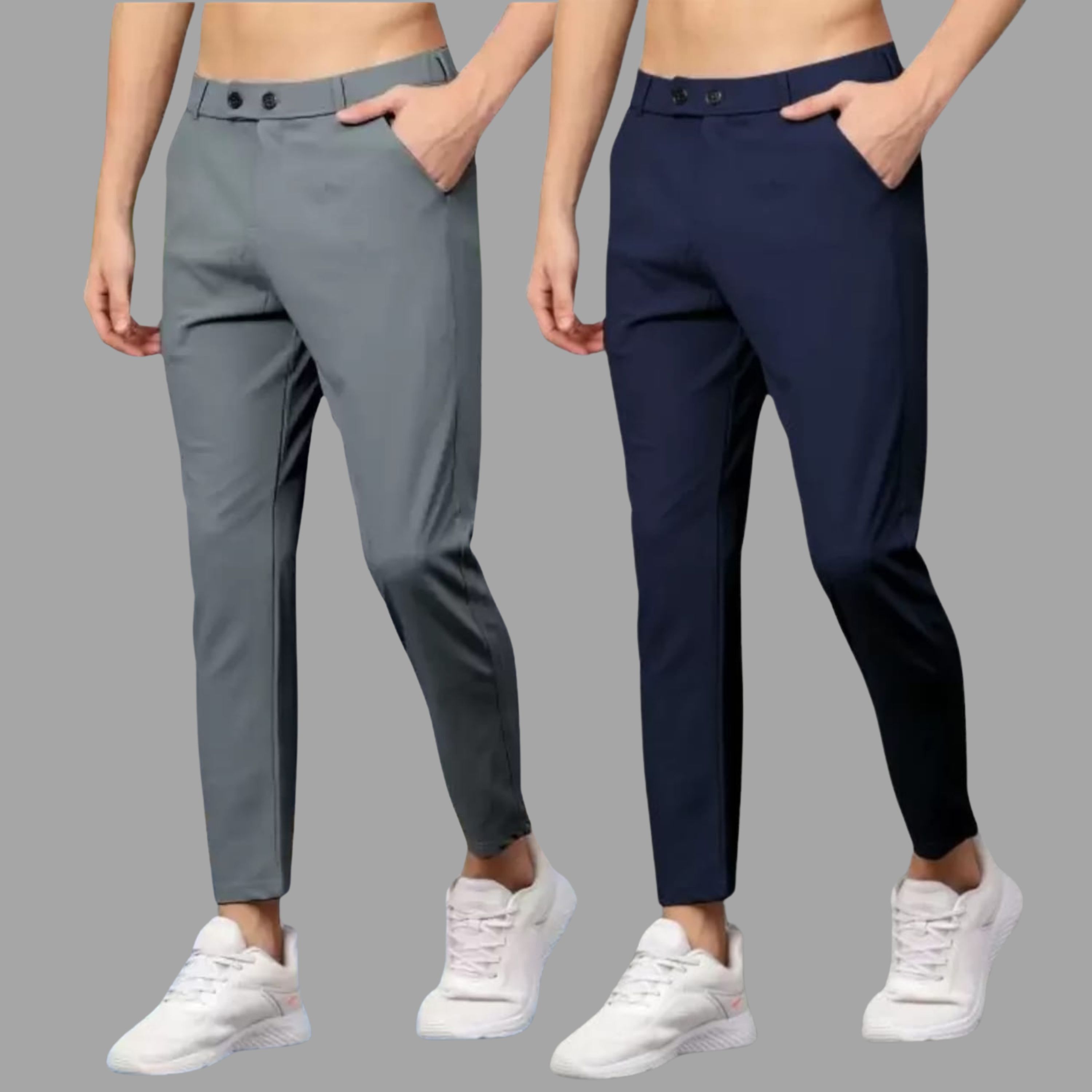 Pack of 2 Men Slim Fit Grey, Blue Lycra Blend Trousers
