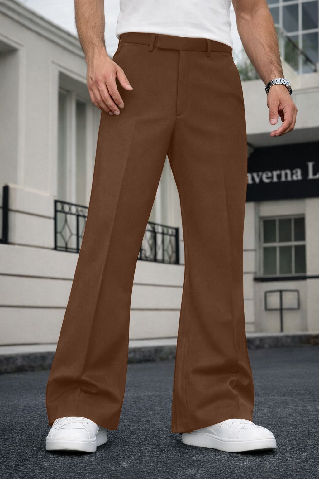 plus91 Men Flared Brown Lycra Blend Trousers-picture-36