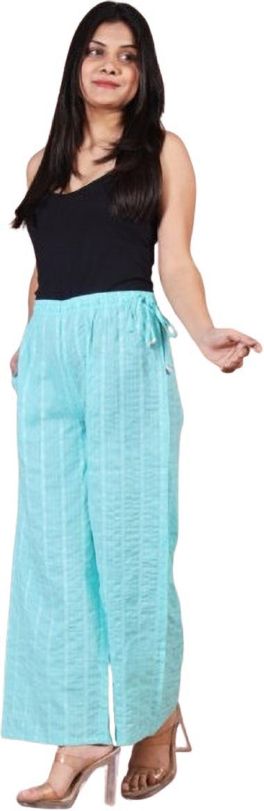 Women Regular Fit Light Blue Cotton Blend Trousers-image-9