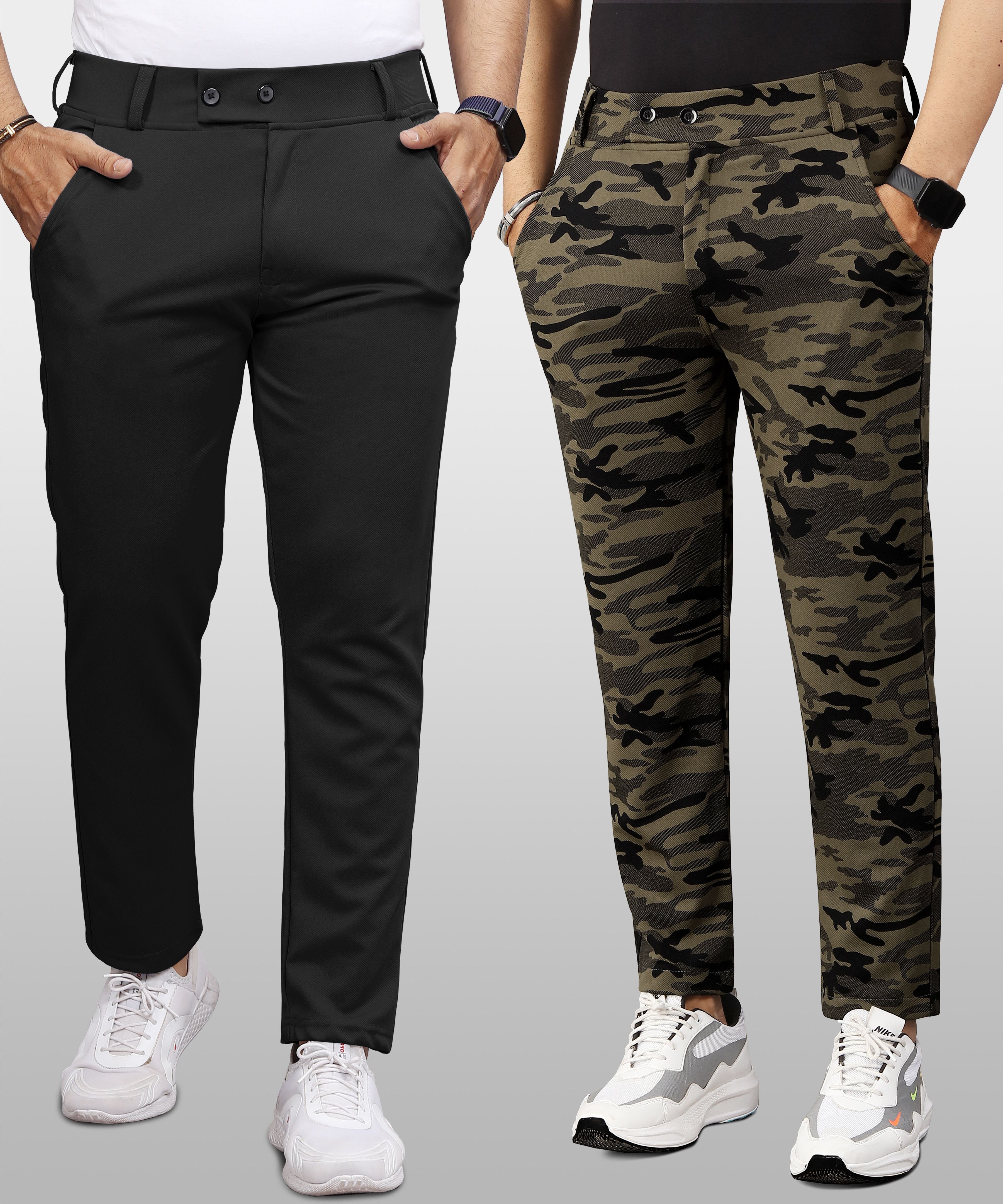 vebnor Pack of 2 Men Regular Fit Black, Green Lycra Blend Trousers-picture-39