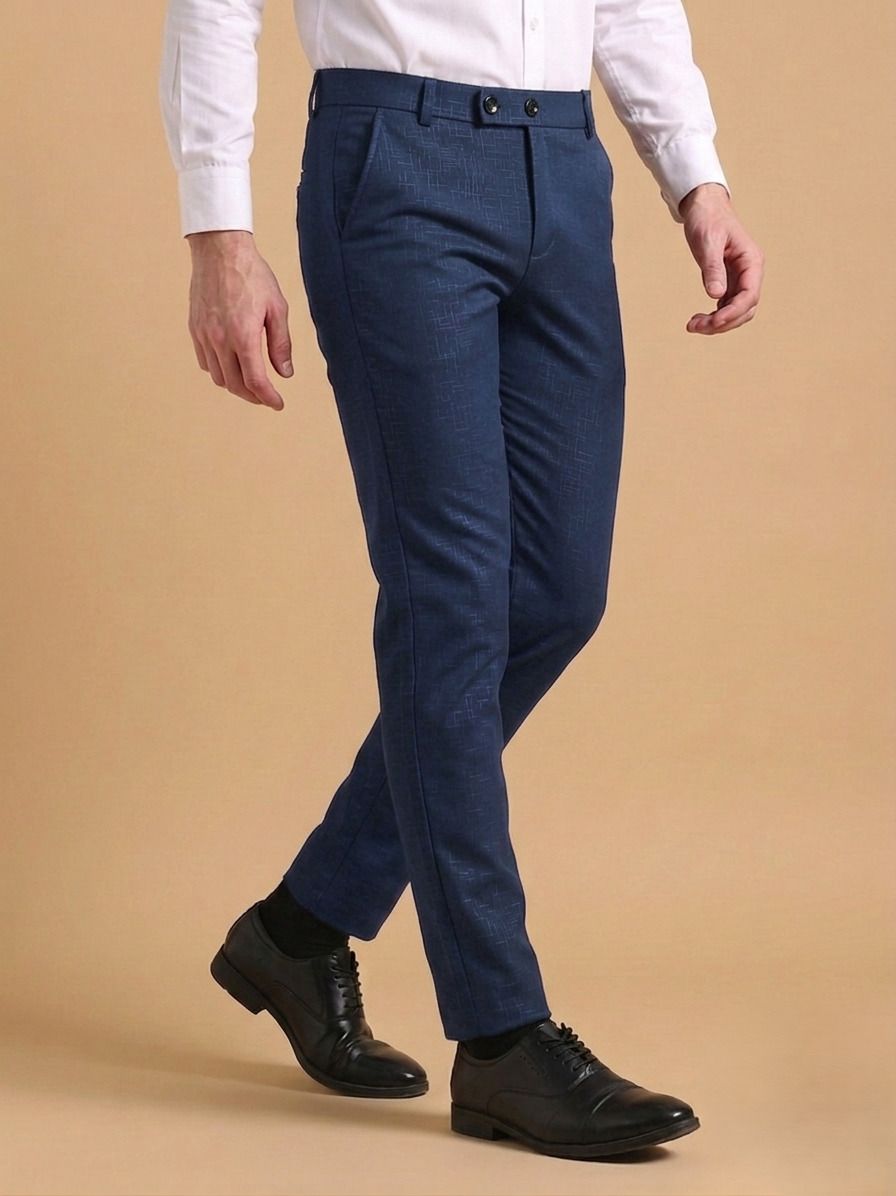 Men Slim Fit Blue Lycra Blend Trousers-image-43