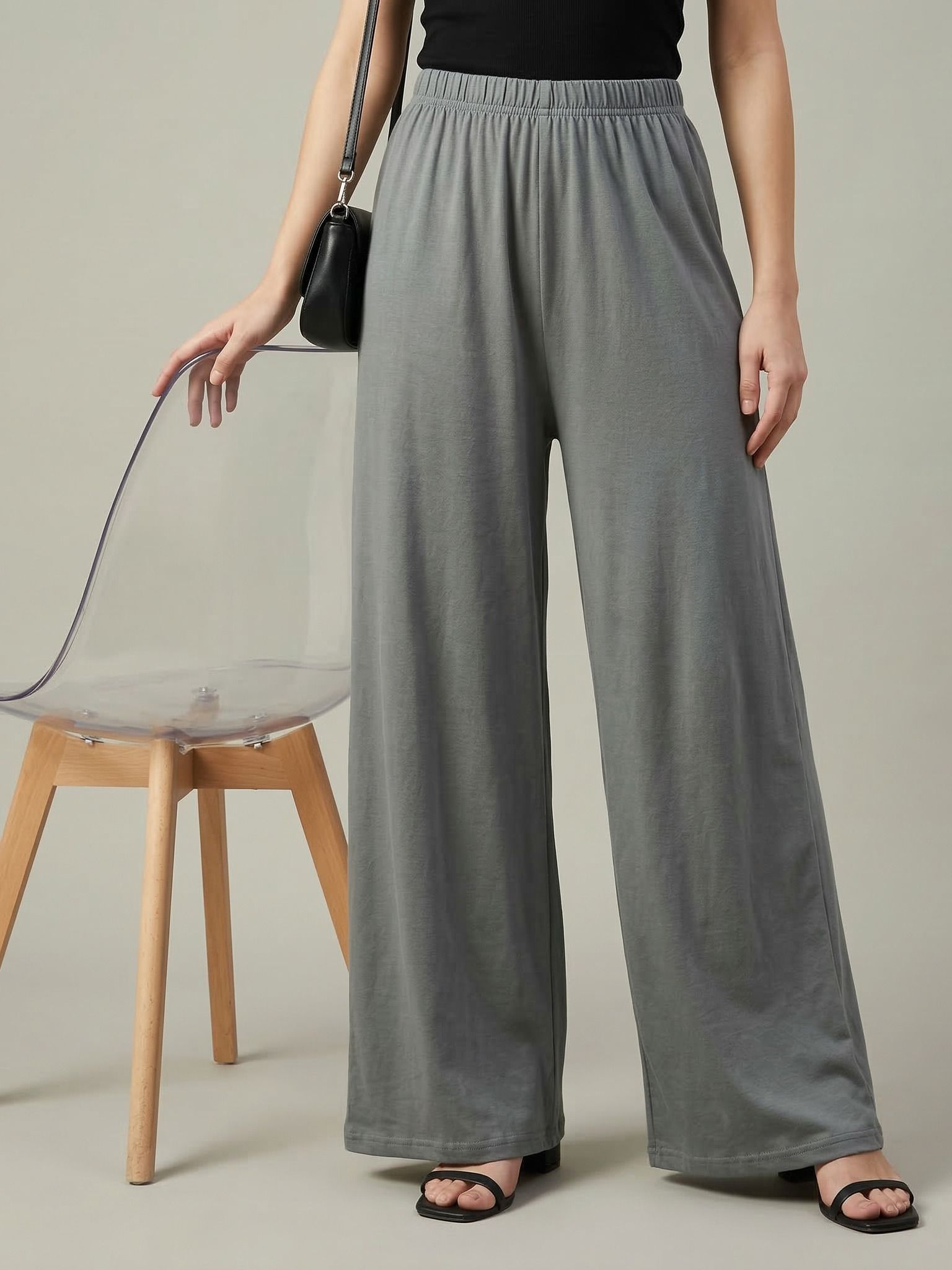 Women Loose Fit Grey Cotton Blend Trousers-image-5