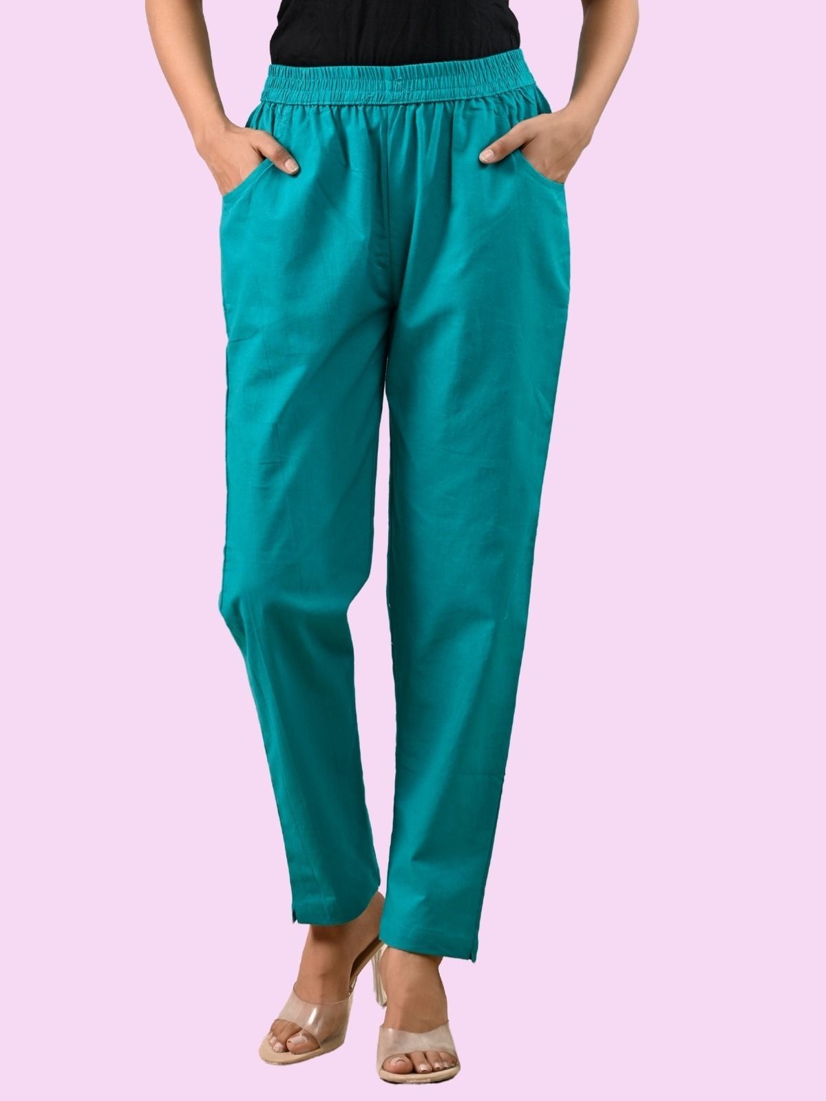 Women Regular Fit Blue Cotton Blend Trousers-image-46