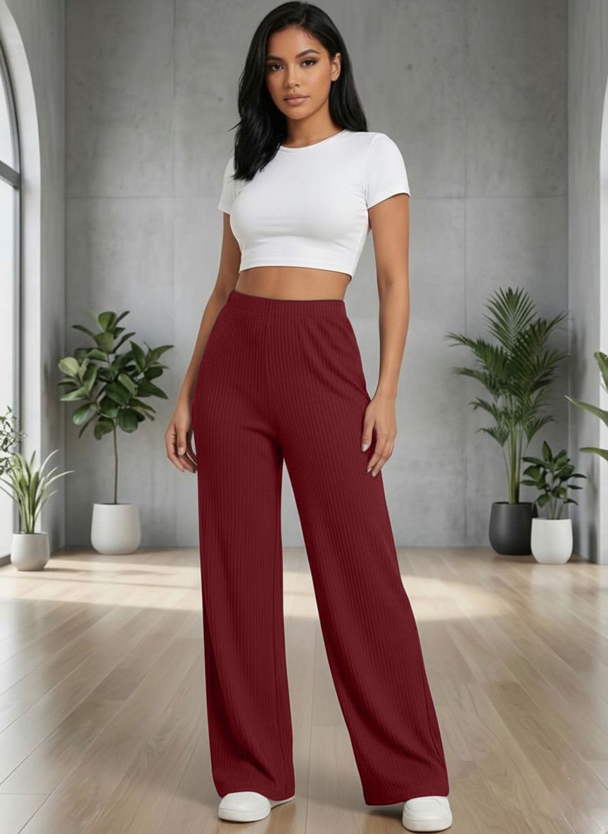 Women Relaxed Maroon Cotton Blend Trousers-image-11