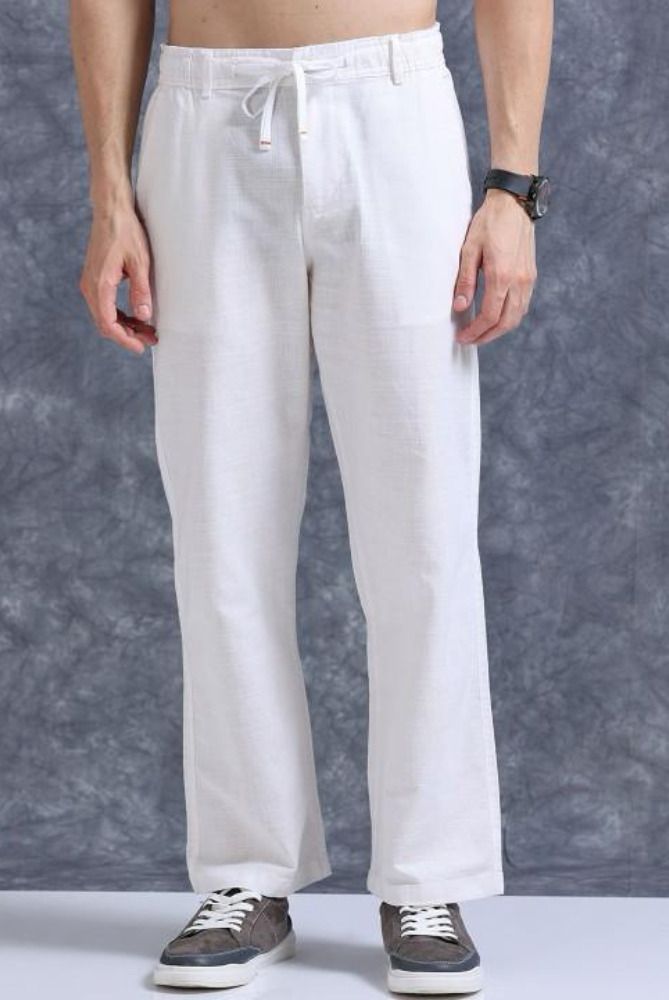 Men Regular Fit White Pure Linen Trousers-image-9