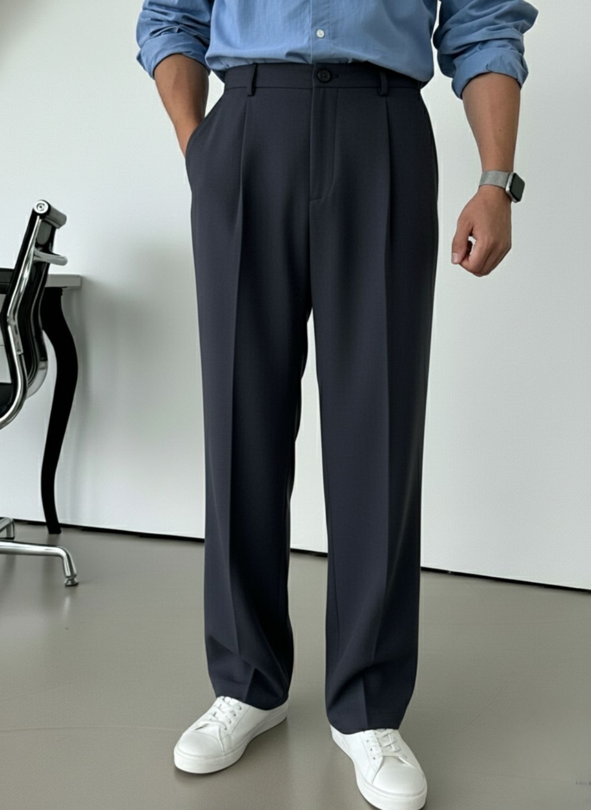 Men Relaxed Blue Polycotton Trousers-image-21