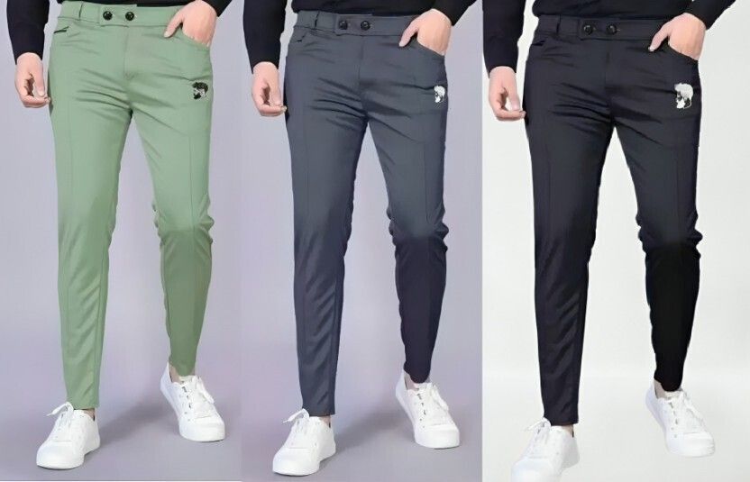rishi traders Pack of 3 Men Regular Fit Green, Grey, Black Lycra Blend Trousers-picture-22