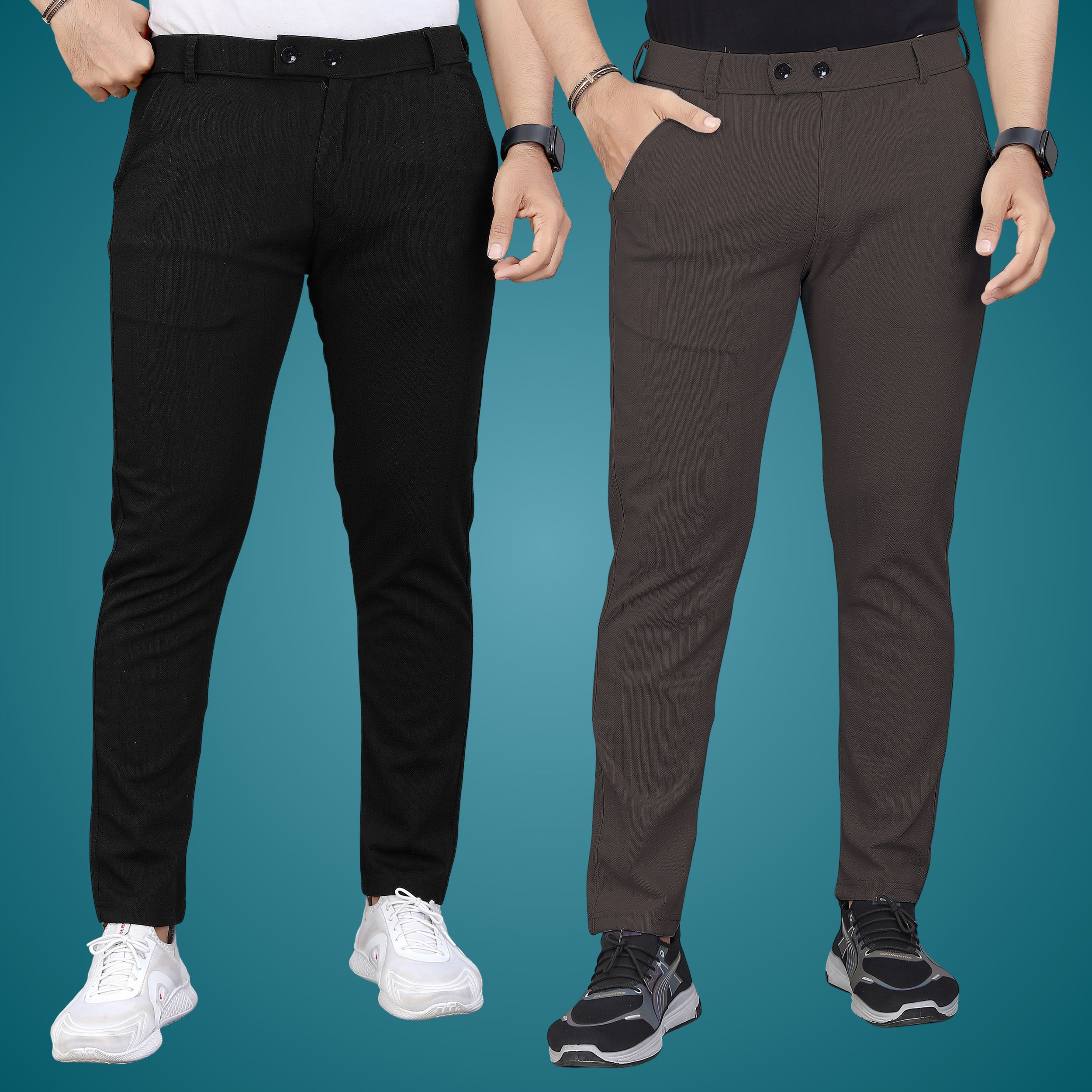 Pack of 2 Men Regular Fit Black, Brown Cotton Blend Trousers