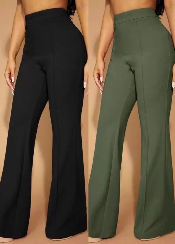 glowic Pack of 2 Women Regular Fit Black, Green Cotton Blend Trousers-picture-11