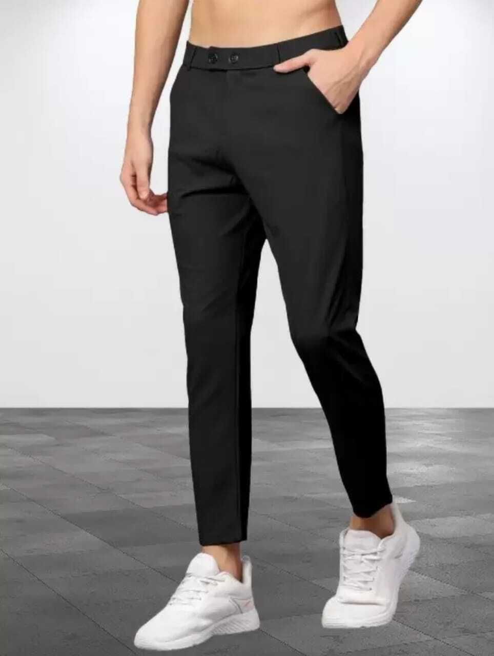 Men Slim Fit Black Lycra Blend Trousers