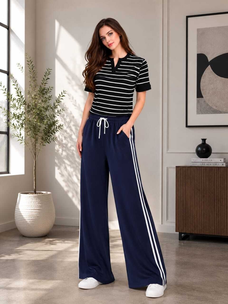 Women Loose Fit Blue Polycotton Trousers-image-33