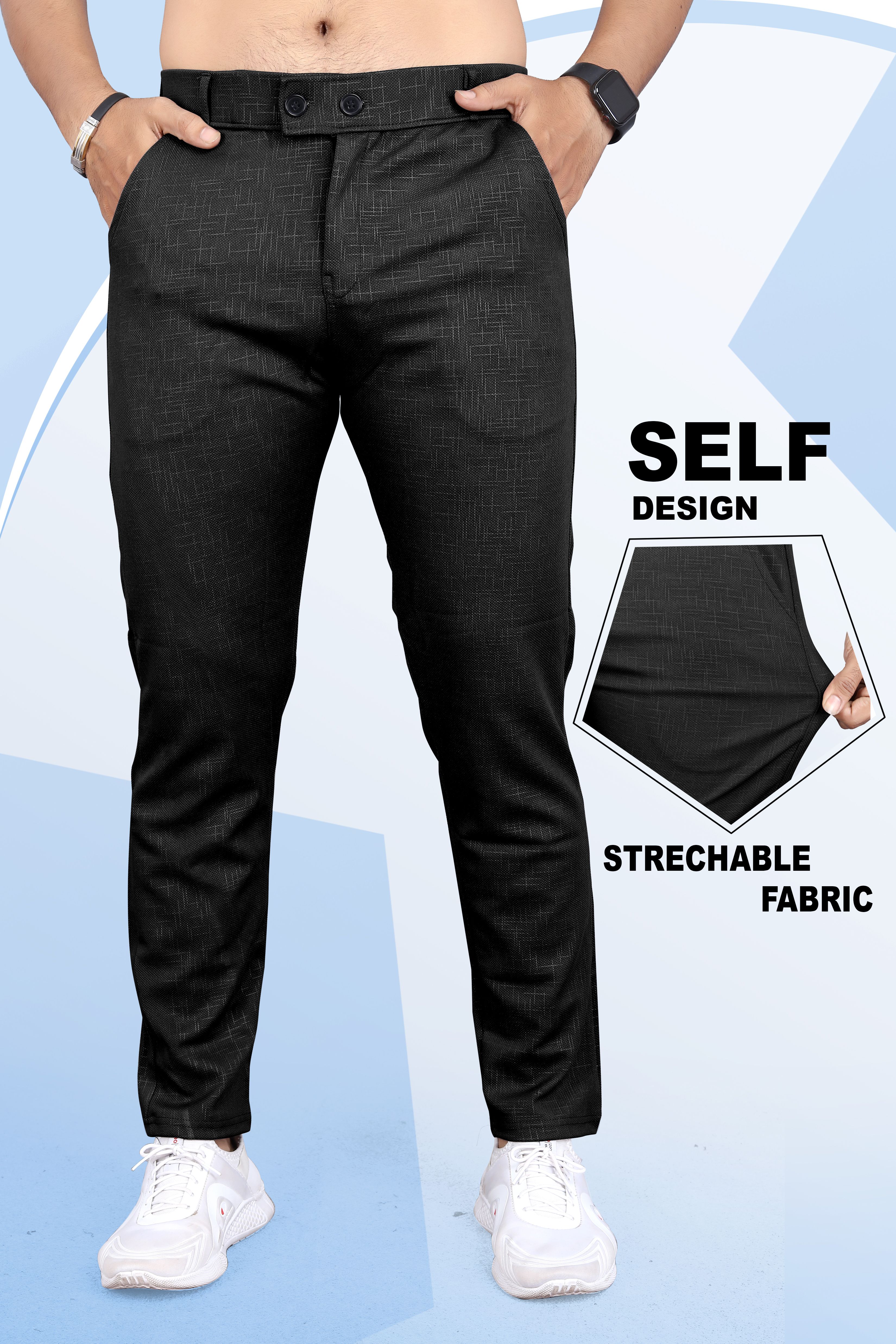 Men Slim Fit Black Linen Blend Trousers-image-6