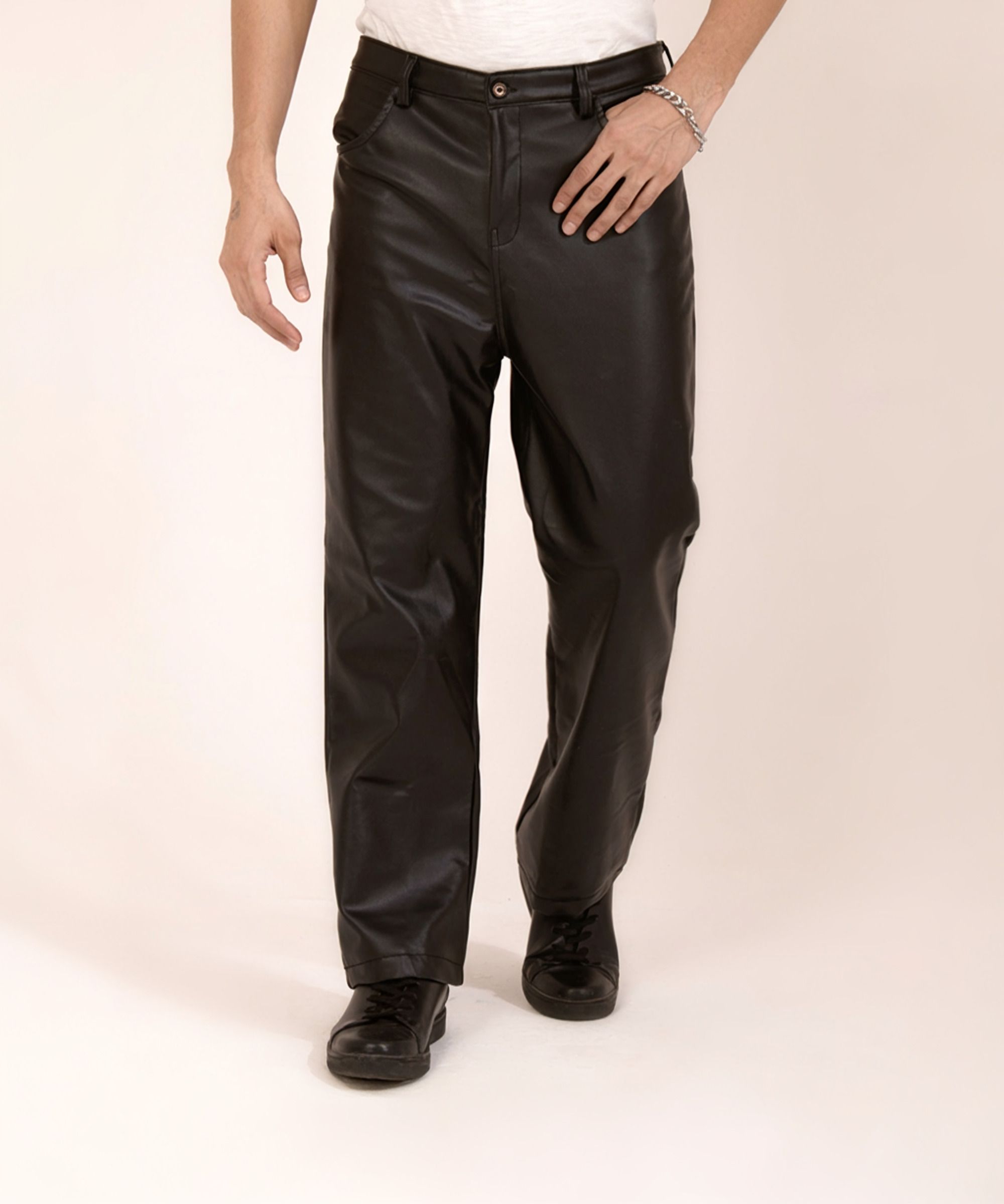 tandul Men Regular Fit Black Faux Leather Trousers-picture-21