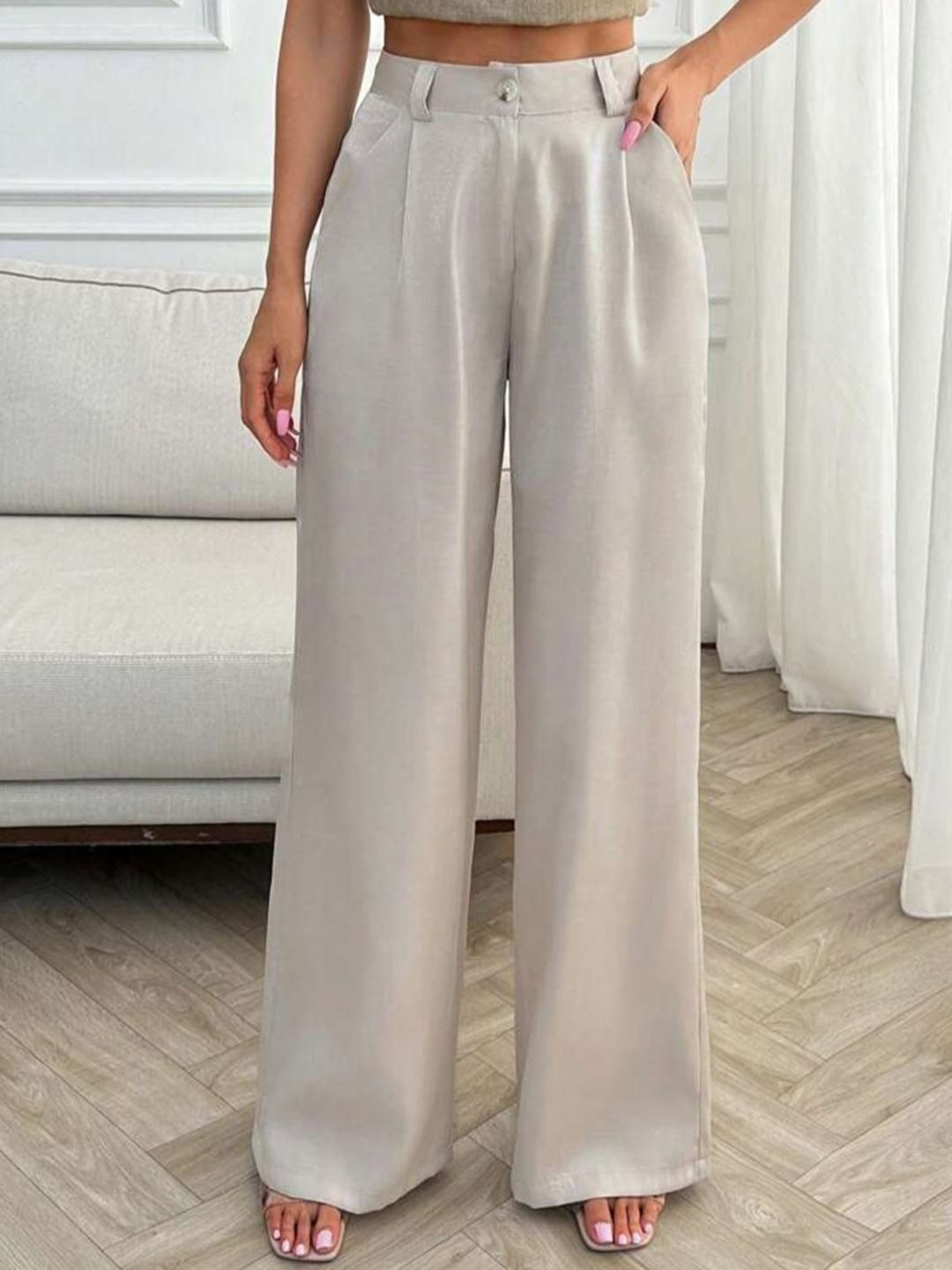 Women Regular Fit Beige Polyester Trousers-image-11
