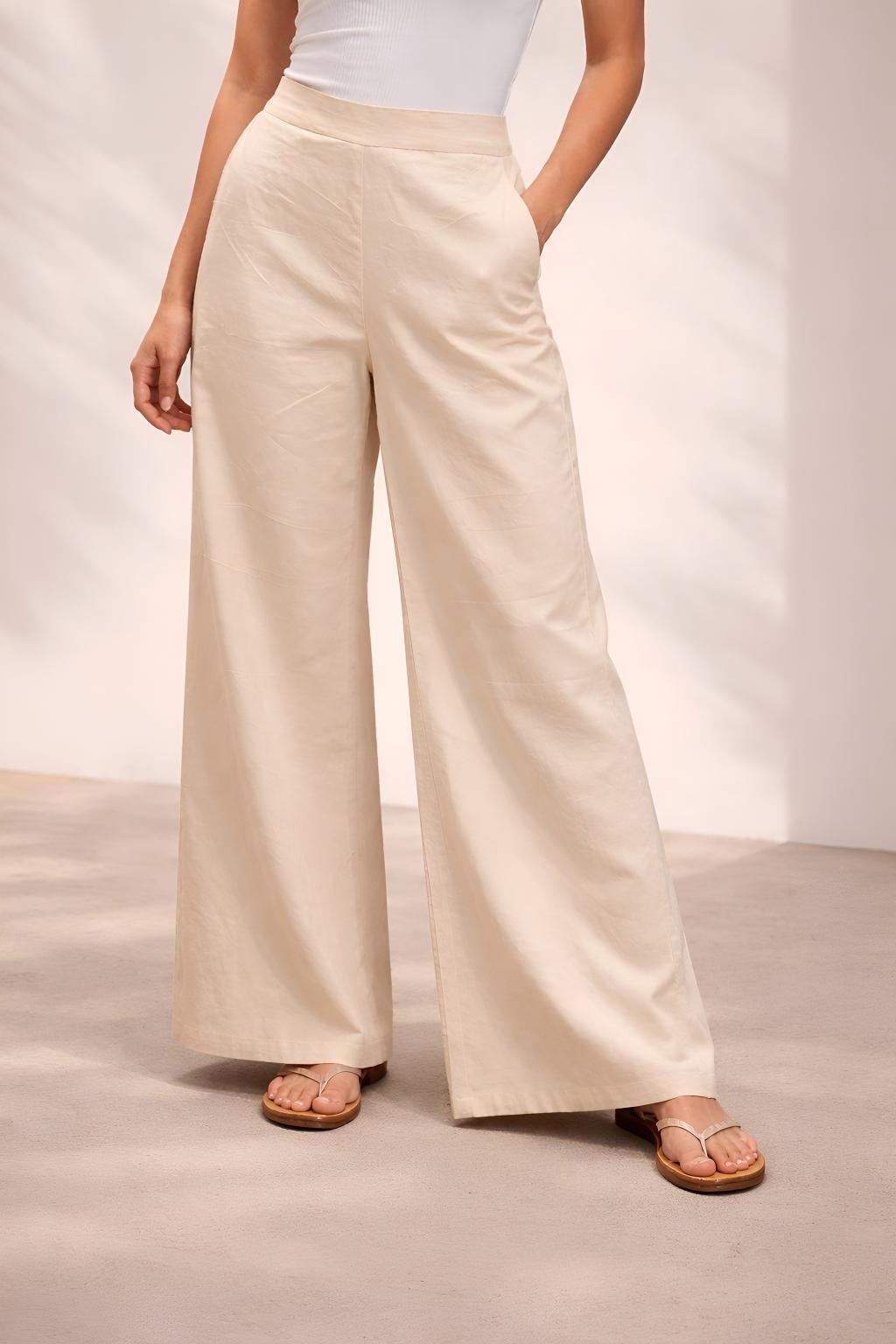 anmi Women Comfort Fit White Pure Cotton Trousers-picture-16