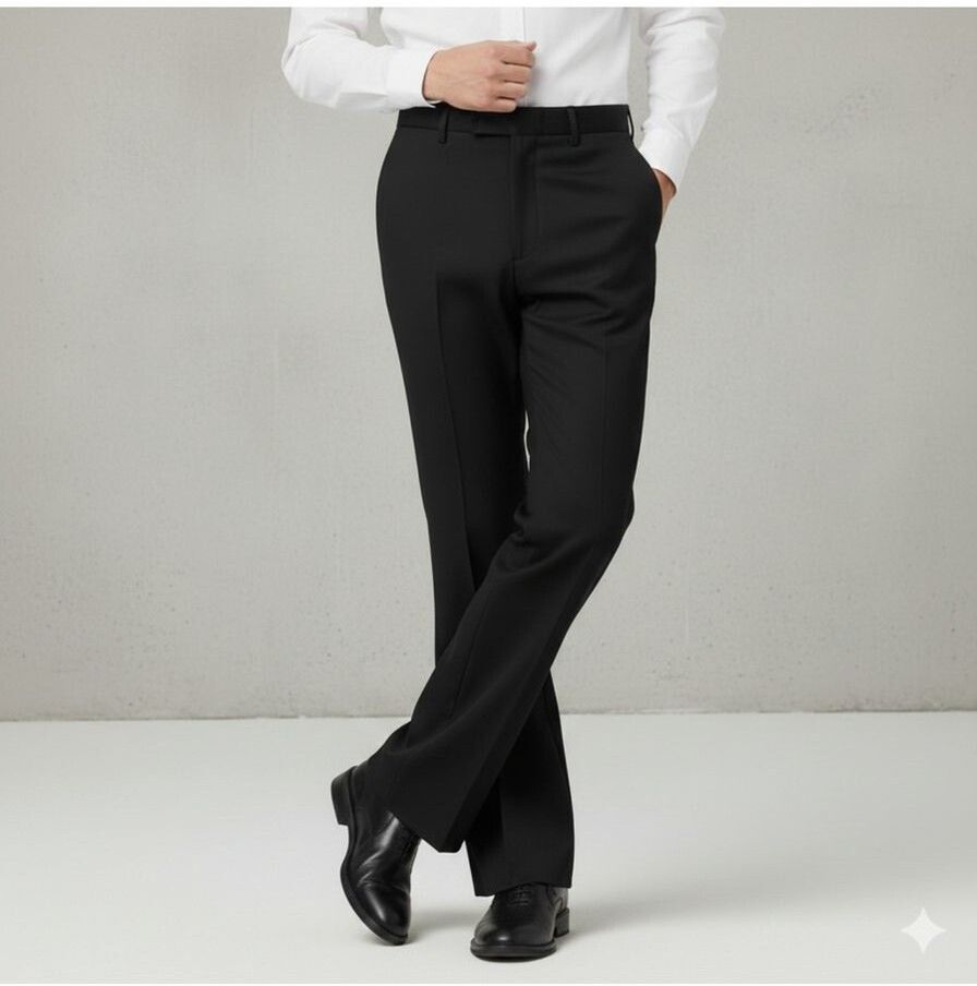 Men Flared, Straight Fit Black Polyester Trousers