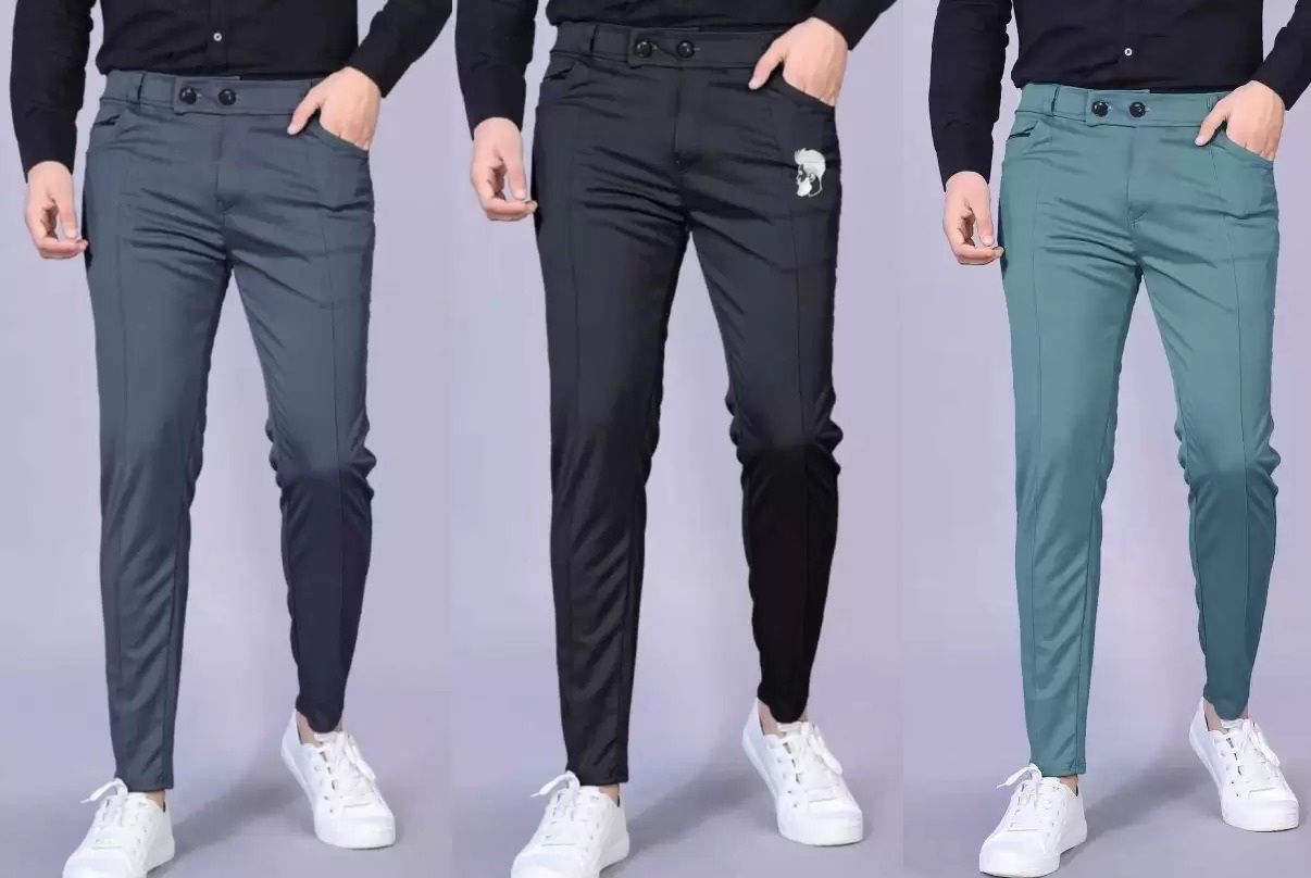 rathorsons Pack of 3 Men Regular Fit Black, Grey, Blue Lycra Blend Trousers-picture-25