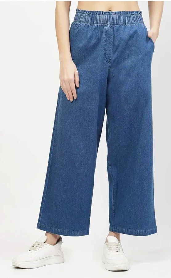 Women Loose Fit Blue Pure Cotton Trousers