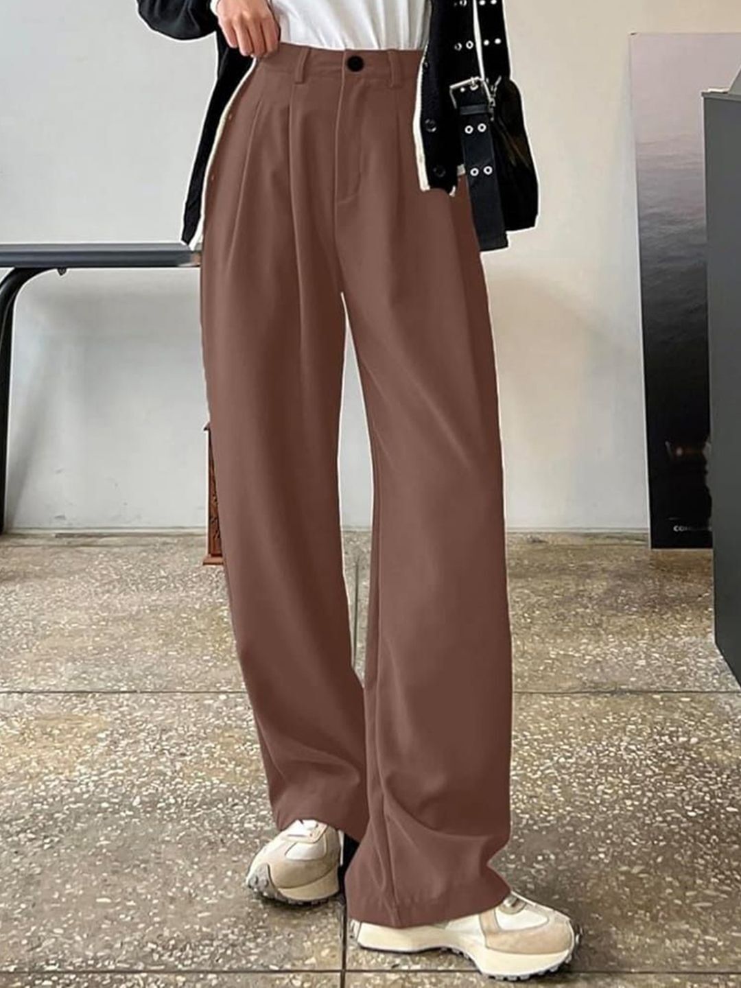 Women Loose Fit Brown Polyester Trousers-image-13