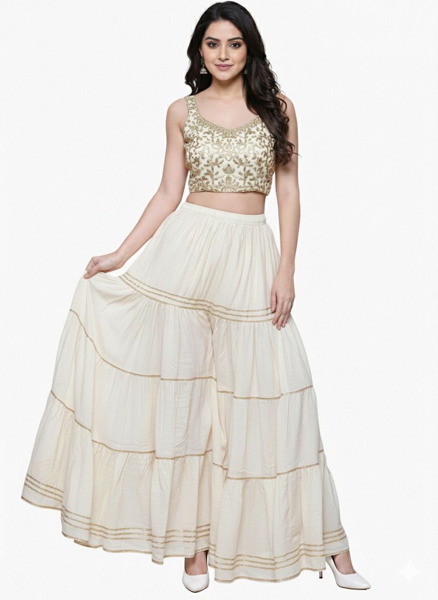 Women Flared Cream Viscose Rayon Trousers