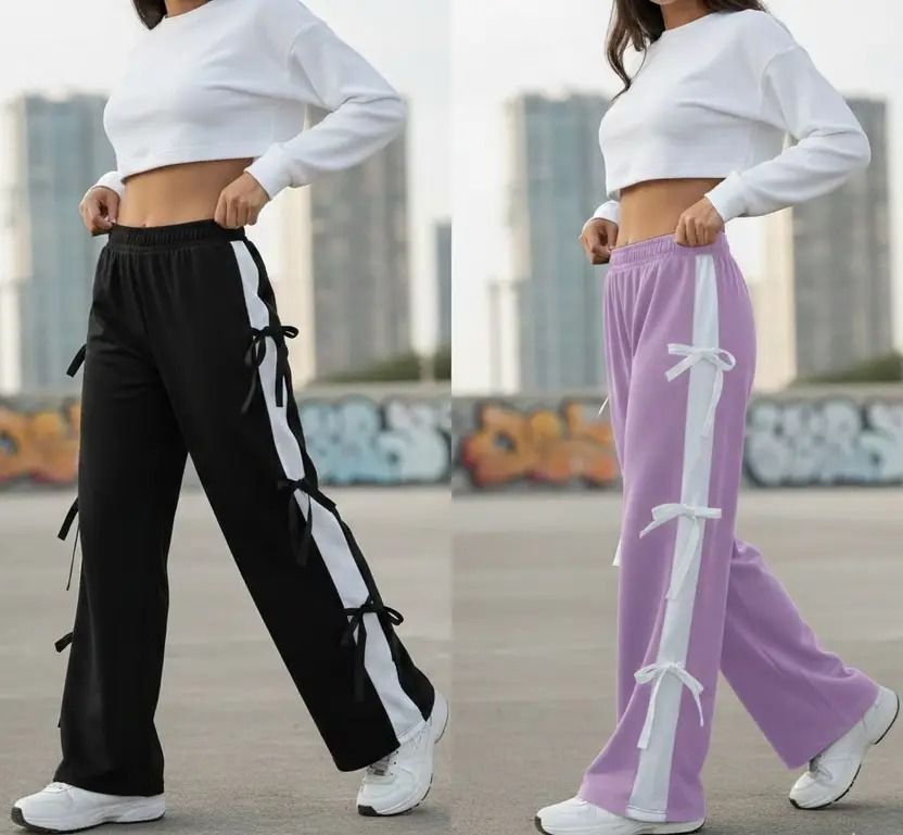 keso fashion Pack of 2 Women Loose Fit, Straight Fit Black, Purple Cotton Blend Trousers-picture-11