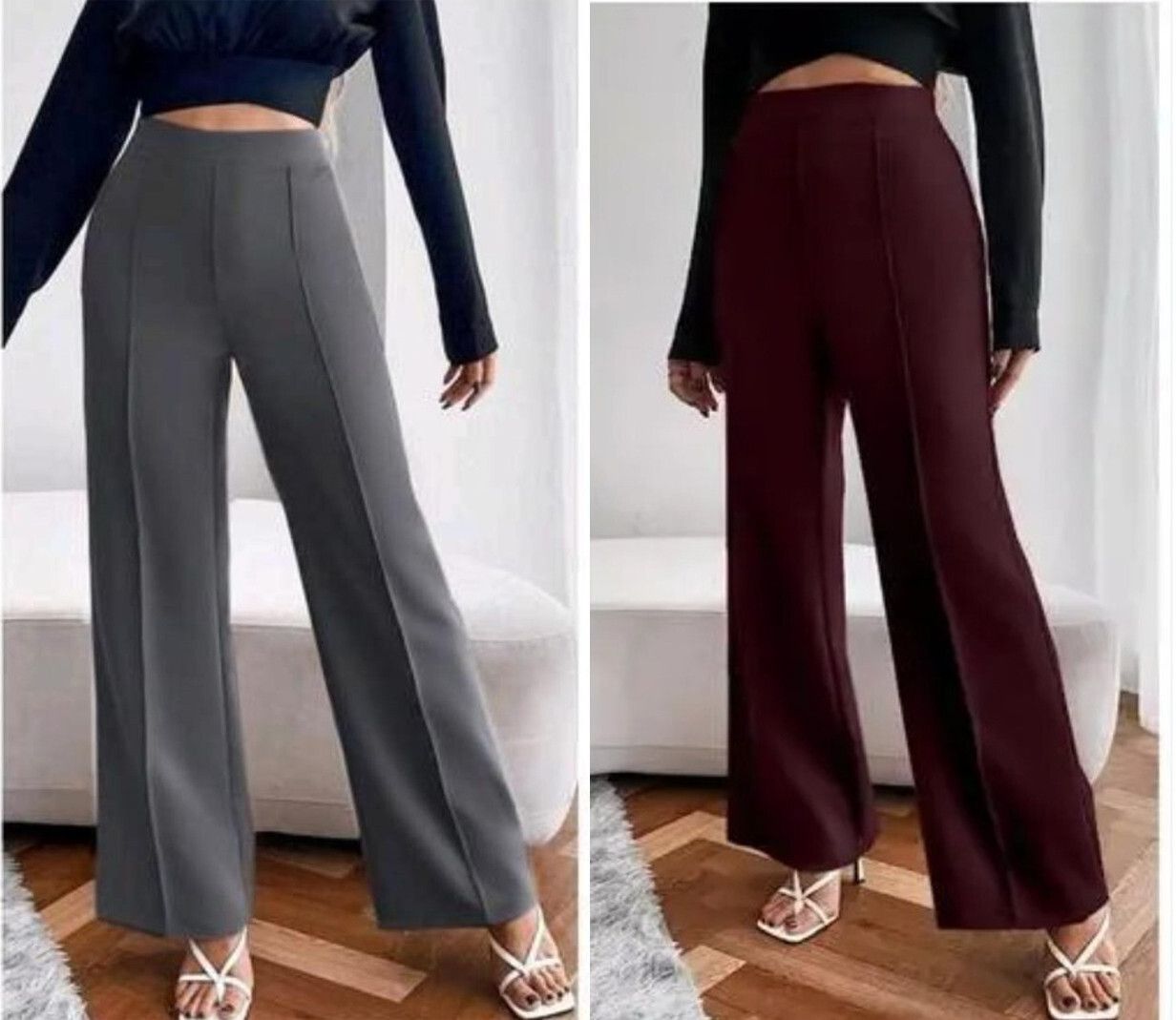 Pack of 2 Women Relaxed Grey, Maroon Cotton Blend Trousers-image-30