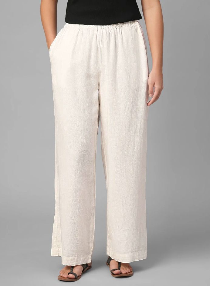 novio Women Loose Fit Cream Pure Cotton Trousers-picture-0