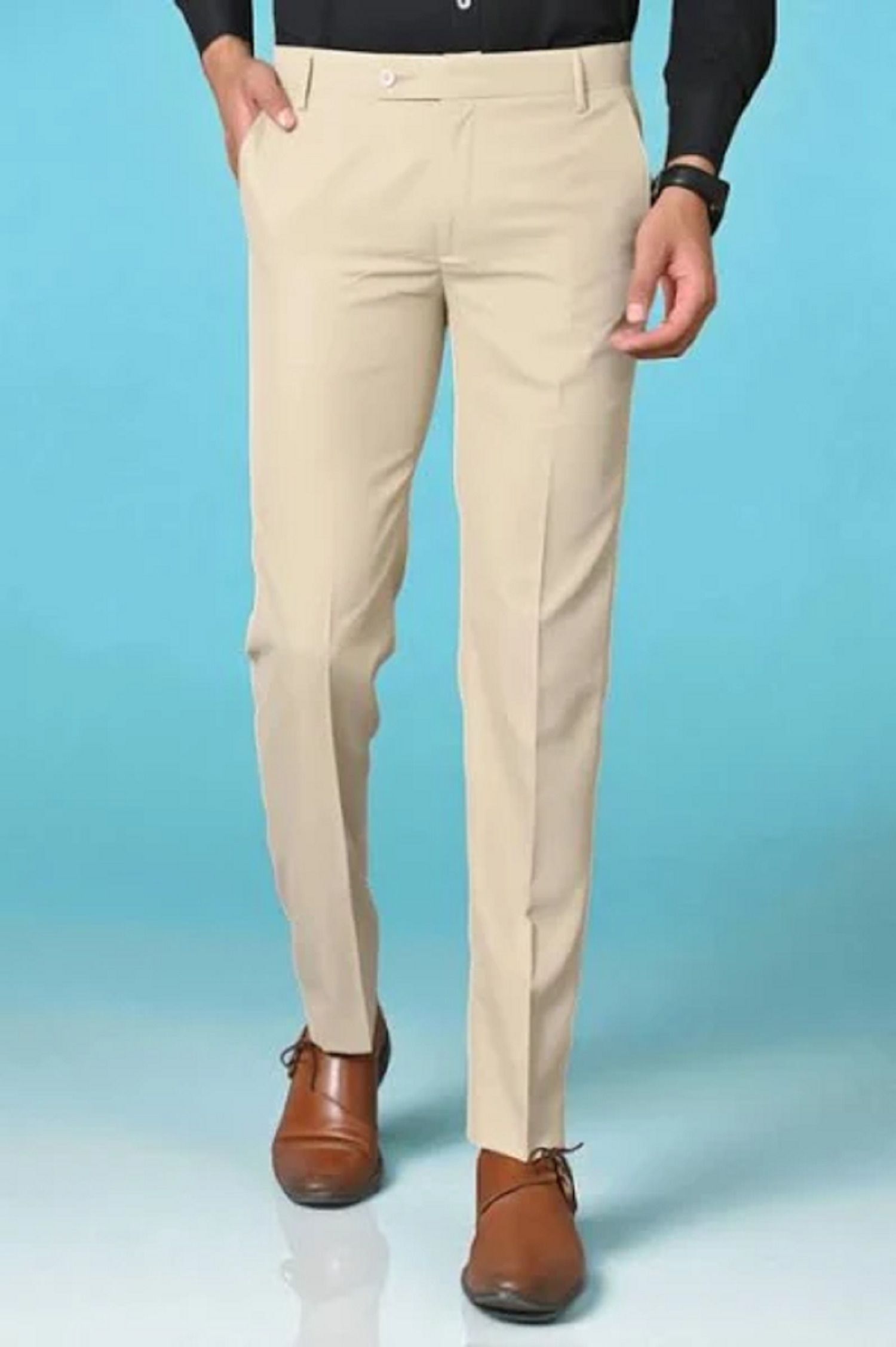 Men Slim Fit Beige Polycotton Trousers-image-20