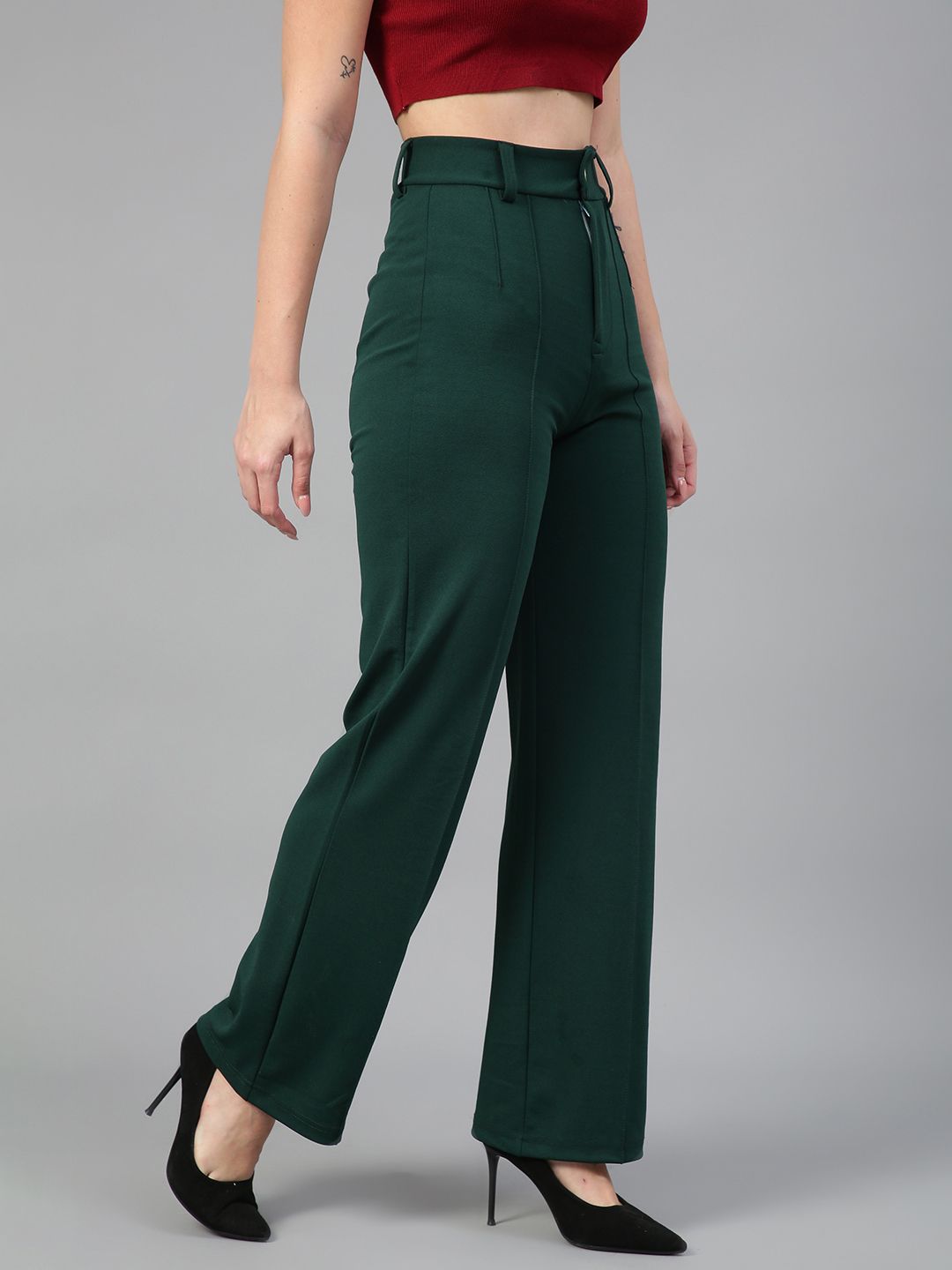 kotty Women Regular Fit Dark Green Viscose Rayon Trousers-picture-14