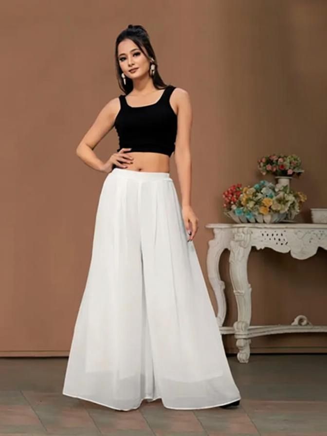 Women Flared White Georgette Trousers-image-0