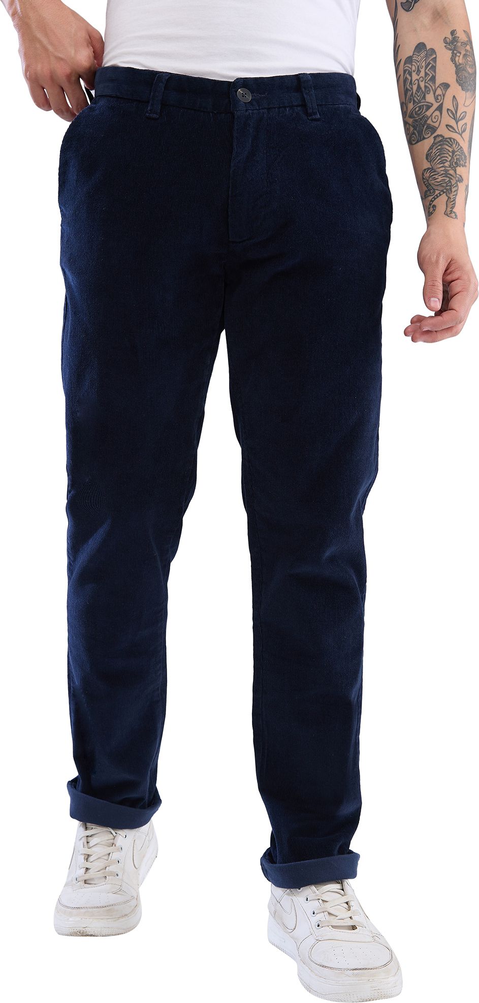 spykar Men Regular Fit Blue Cotton Blend Trousers-picture-14