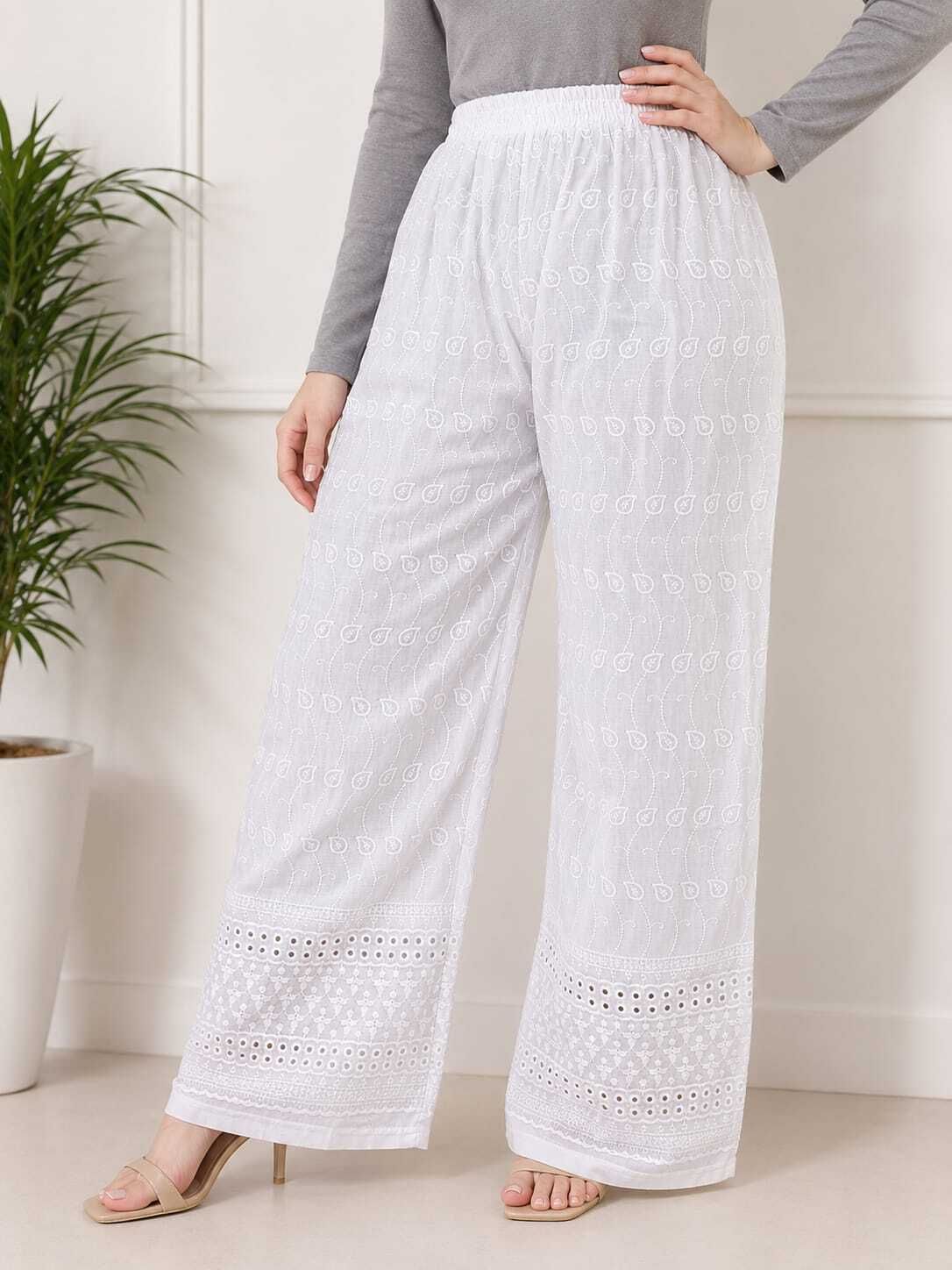 classic creation Women Loose Fit White Cotton Blend Trousers-picture-32