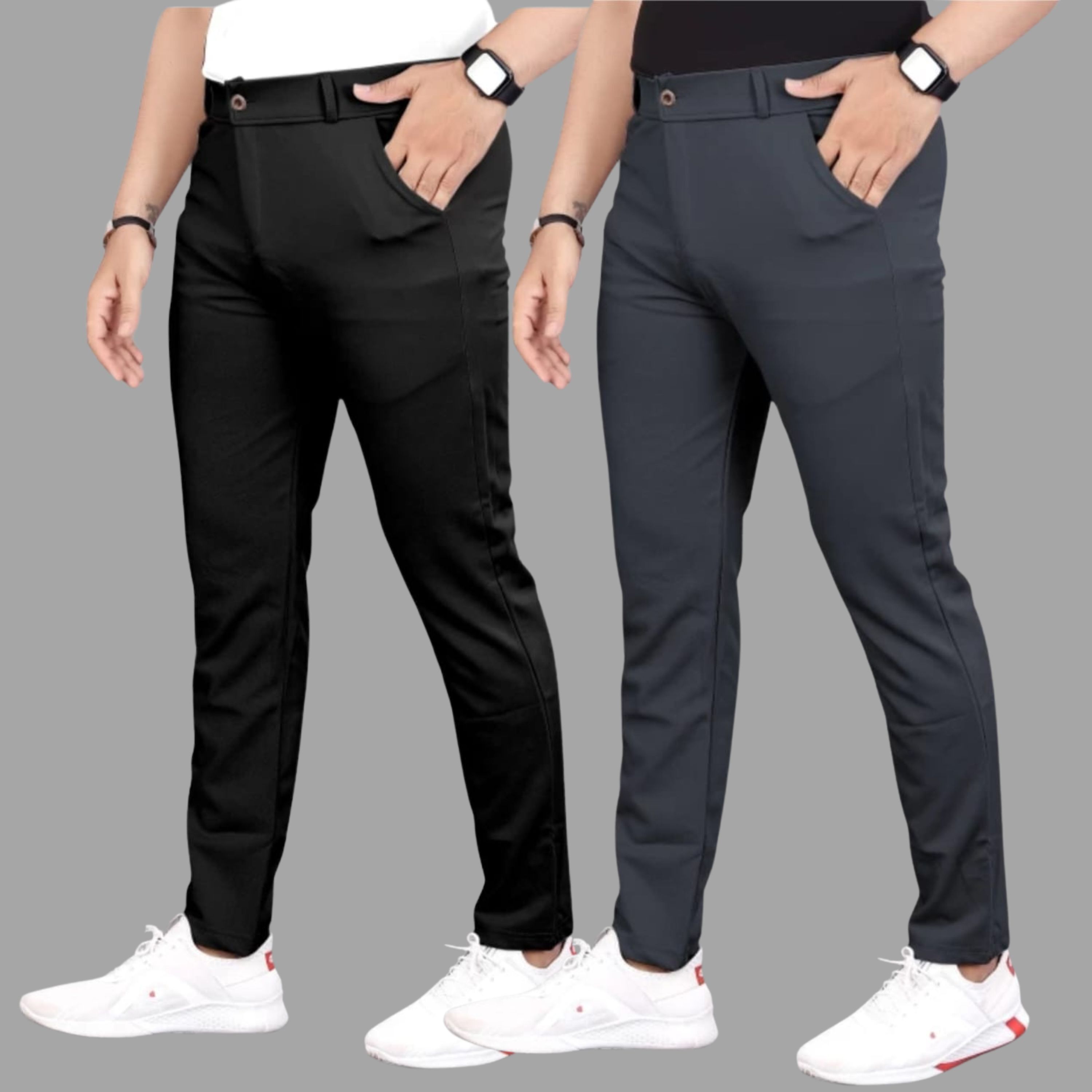 lapataclub Pack of 2 Men Slim Fit Black, Grey Lycra Blend Trousers-picture-35